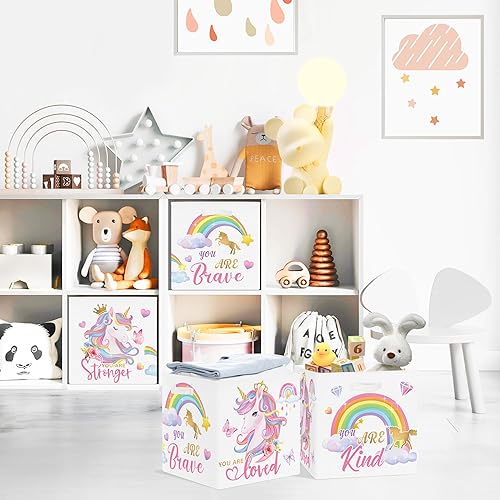 Miniatura 3 de Clastyle Juego de cestas de almacenamiento plegables de unicornio rosa para niños, organizador de ropa, cuarto de bebé, juguetes para niñas, estante