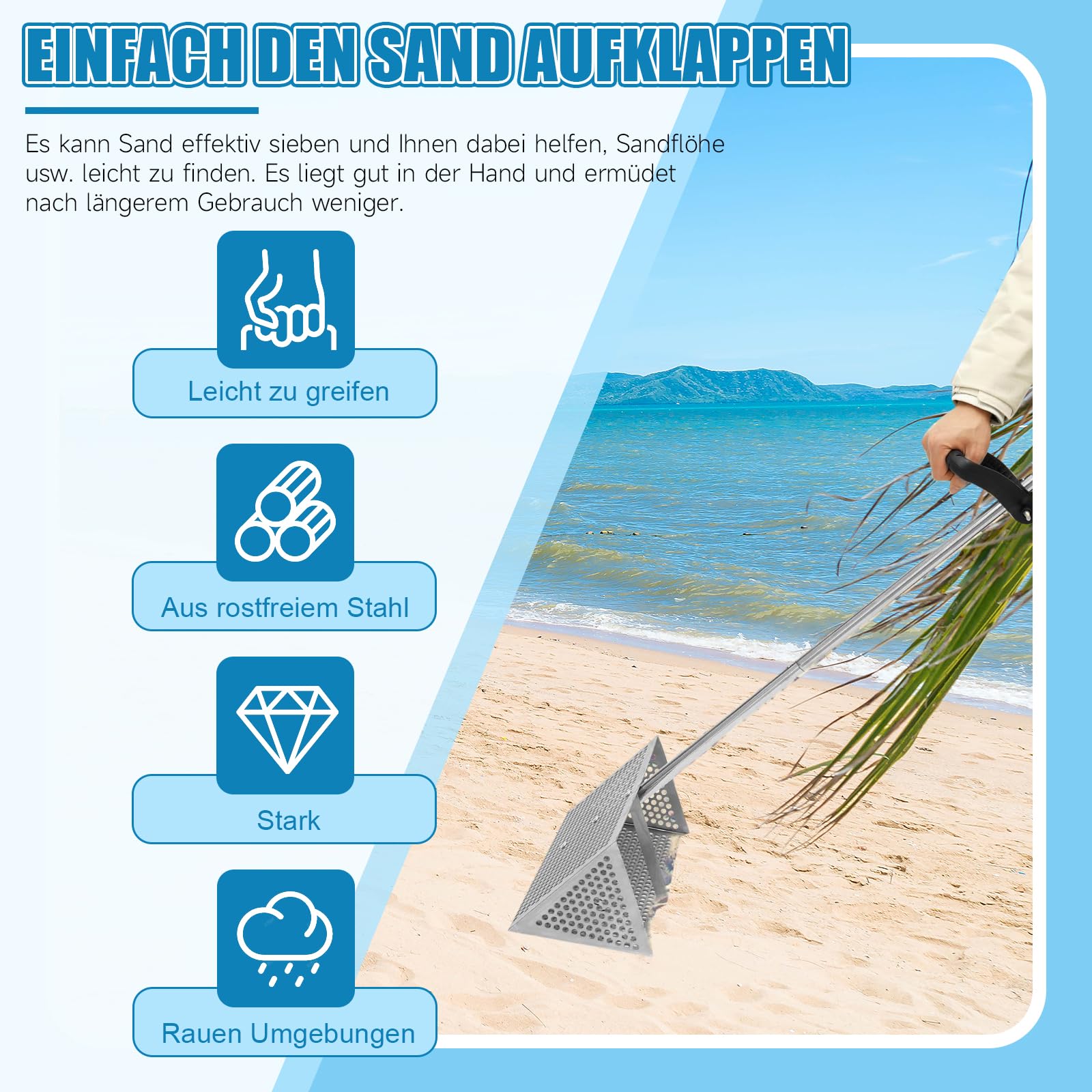 Sandflohharke Groß Edelstahl Strandsand Sieb Mit 138 cm Langem Stiel und 40 X 18 cm GroßEm Korb, Abnehmbares Strandsieb Zum Strandangeln und Auffangen des Meeres
