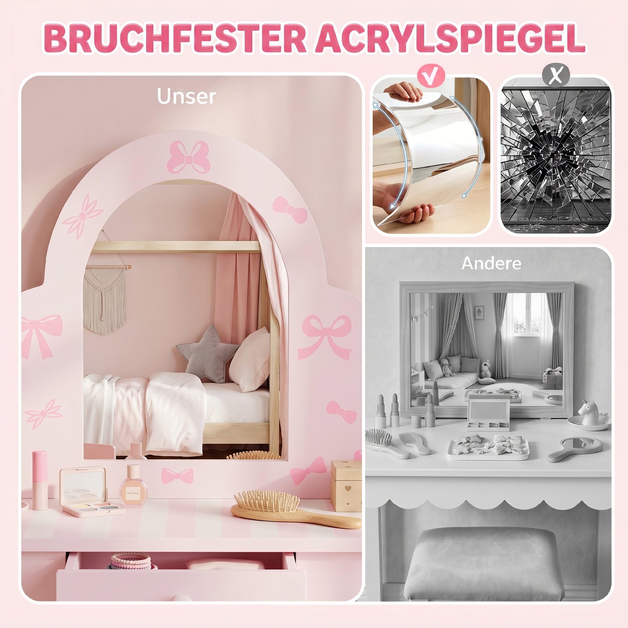 AIYAPLAY Kinder Schminktisch Set 2 in 1 mit Hocker für Mädchen 3-6 Rosa