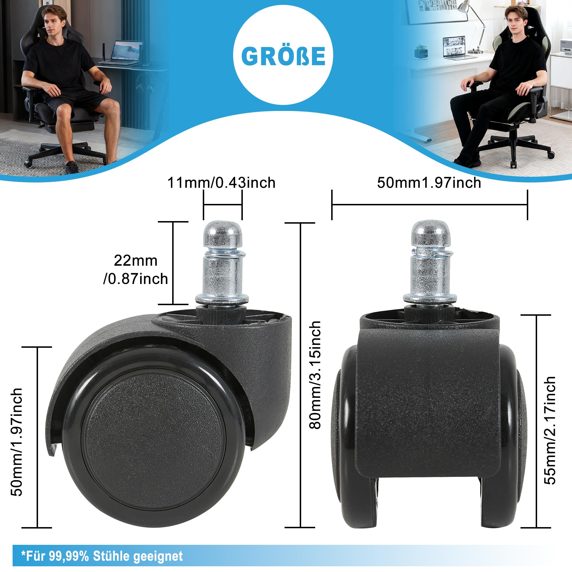 Symino Lote de 5 Ruedas Giratorias 360° para Silla de Oficina - Silenciosas, Sin Rayar Parquet y Suelos - Compatibles con la Mayoría de Sillas - Carga Máx. 300 kg