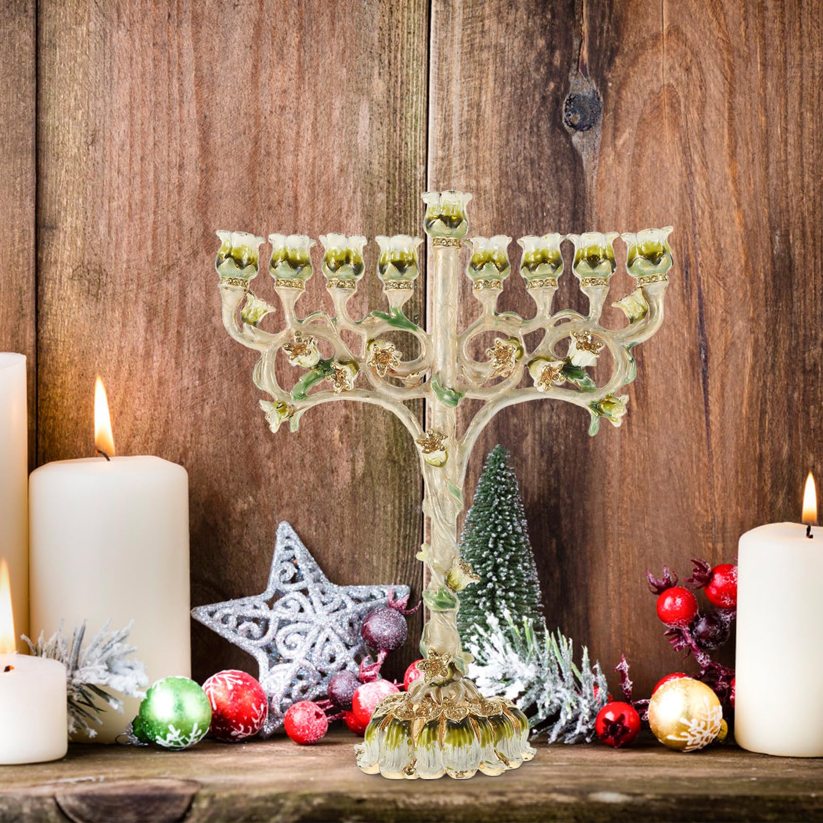 SHINEOFI Candelabro Menorá de 9 Brazos para Ceremonia Religiosa Diseño Vintage de Esmalte, Soporte Metálico Resistente Adecuado para Ambientación de Hanukkah Hogar