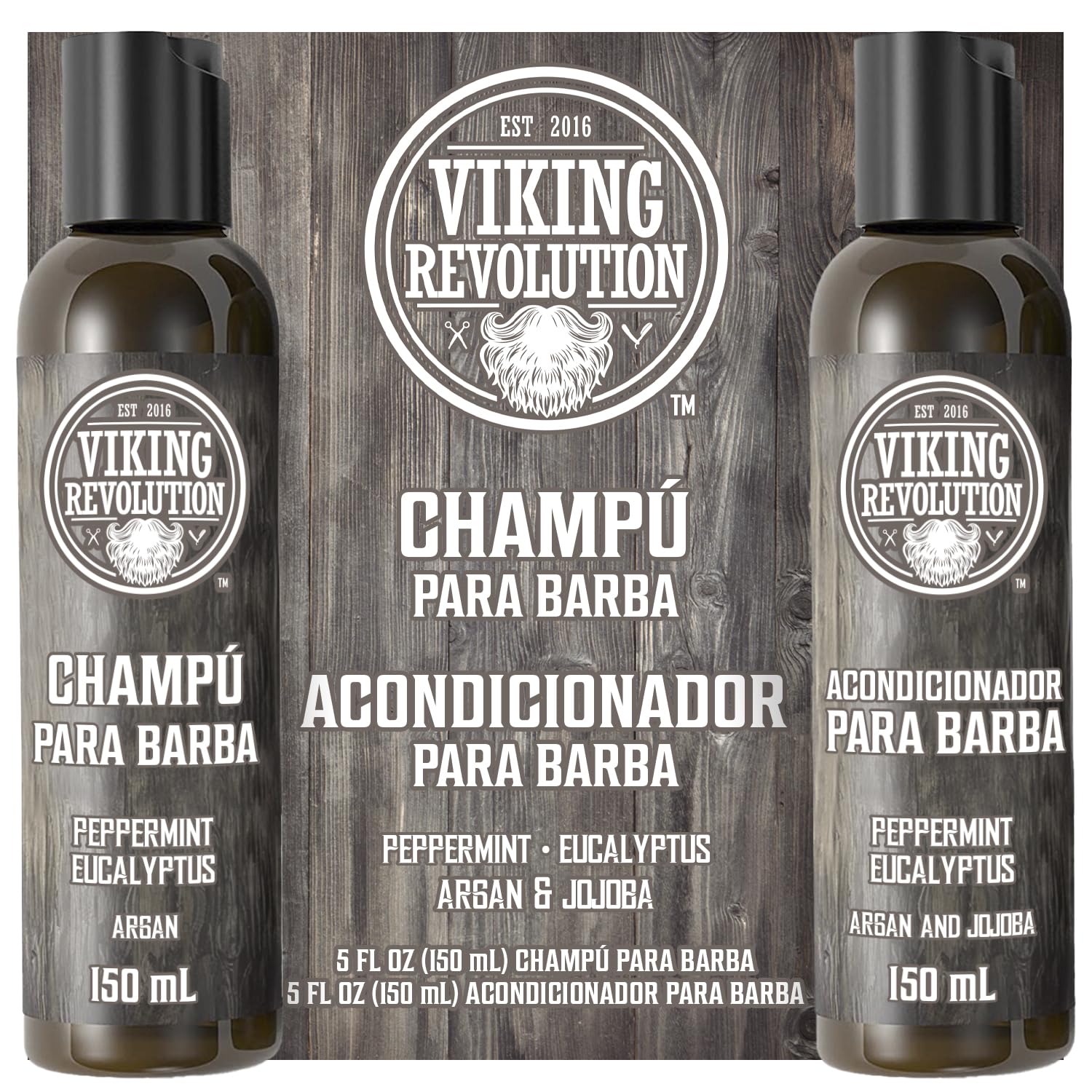 Viking Revolution Juego de Champú y Acondicionador de Barba con Aceites de Argán y Jojoba - Champú Barba Hombre que Suaviza, Alisa y Fortalece el Crecimiento - Aroma Natural Menta y Eucalipto 2x150 ml