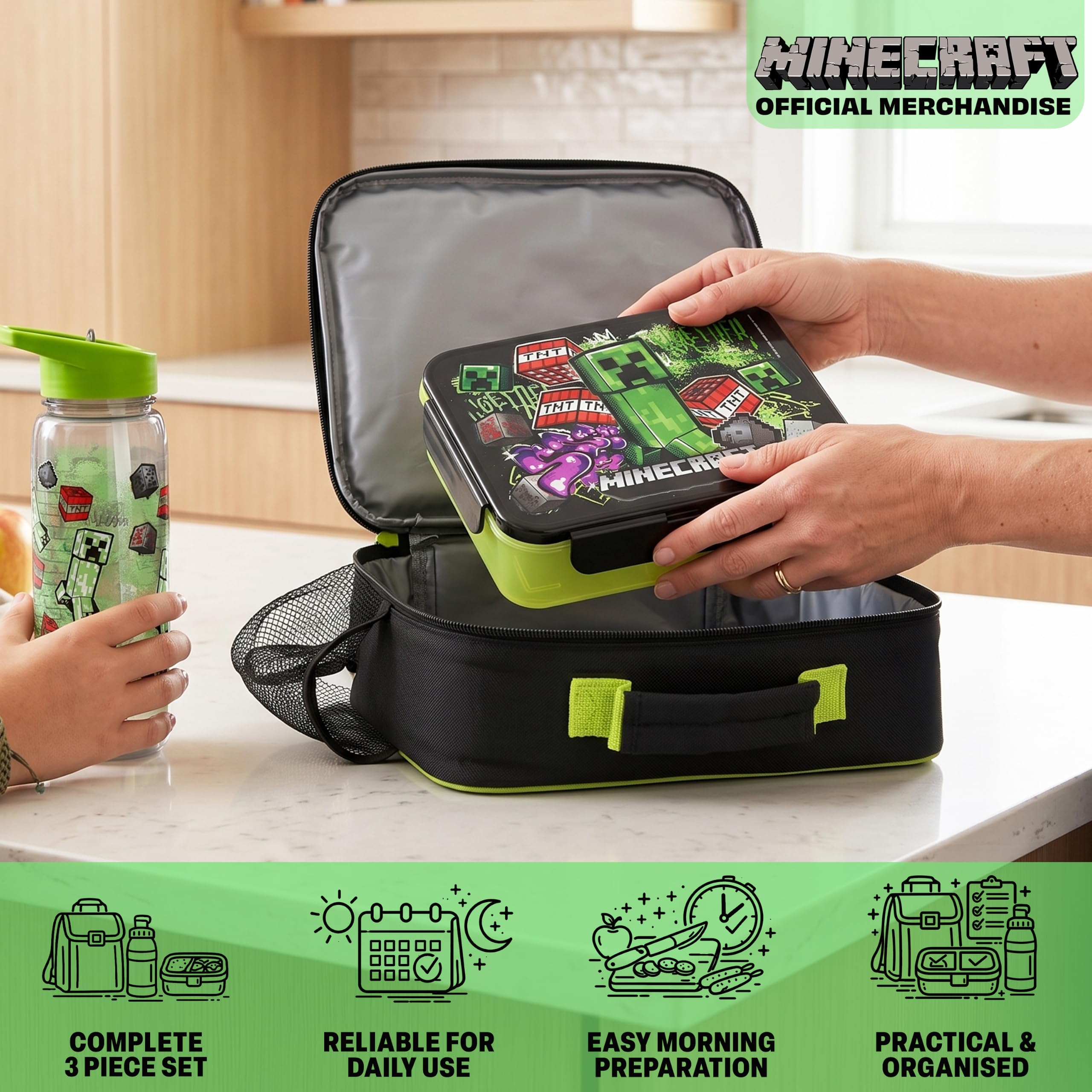Get Trend Minecraft Brotdose Kinder Set 3-Teilig, Isolierte Lunchtasche, 640ml Trinkflasche & Snackbox mit Fächern, BPA Frei, Leicht & Robust, Bento Box Set für Schule Picknick (Grün/Multi Minecraft)