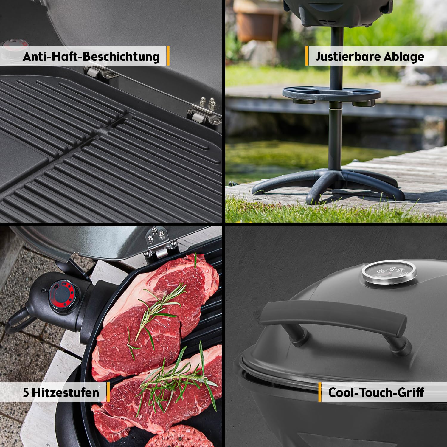 TZS First Austria - Elektrogrill 2 in 1 Tischgrill & Standgrill 2400W - Elektrischer Grill mit Standfuß für Balkon & Terrasse mit Deckel & Ablage - Elektro-Kugelgrill mit Thermometer & Tropfschale