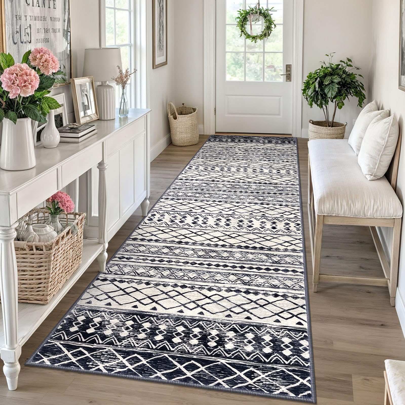 KUTA Moroccan Washable Runner Rug, 3x10 Non-Slip Vintage Black Navy Blue Boho Hallway Kitchen Rugs Ultra Soft Geometric Floor Carpet Runners for