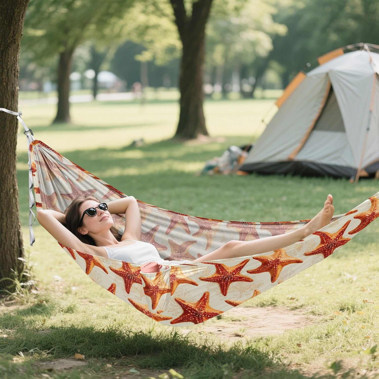 ALAZA Starfish Coral Camping Hammocks Single or 2 Person 500 lbs Portable Parachute Travel Hammock w/Tree Straps for Hiking Backpacking Indoor Outdoor