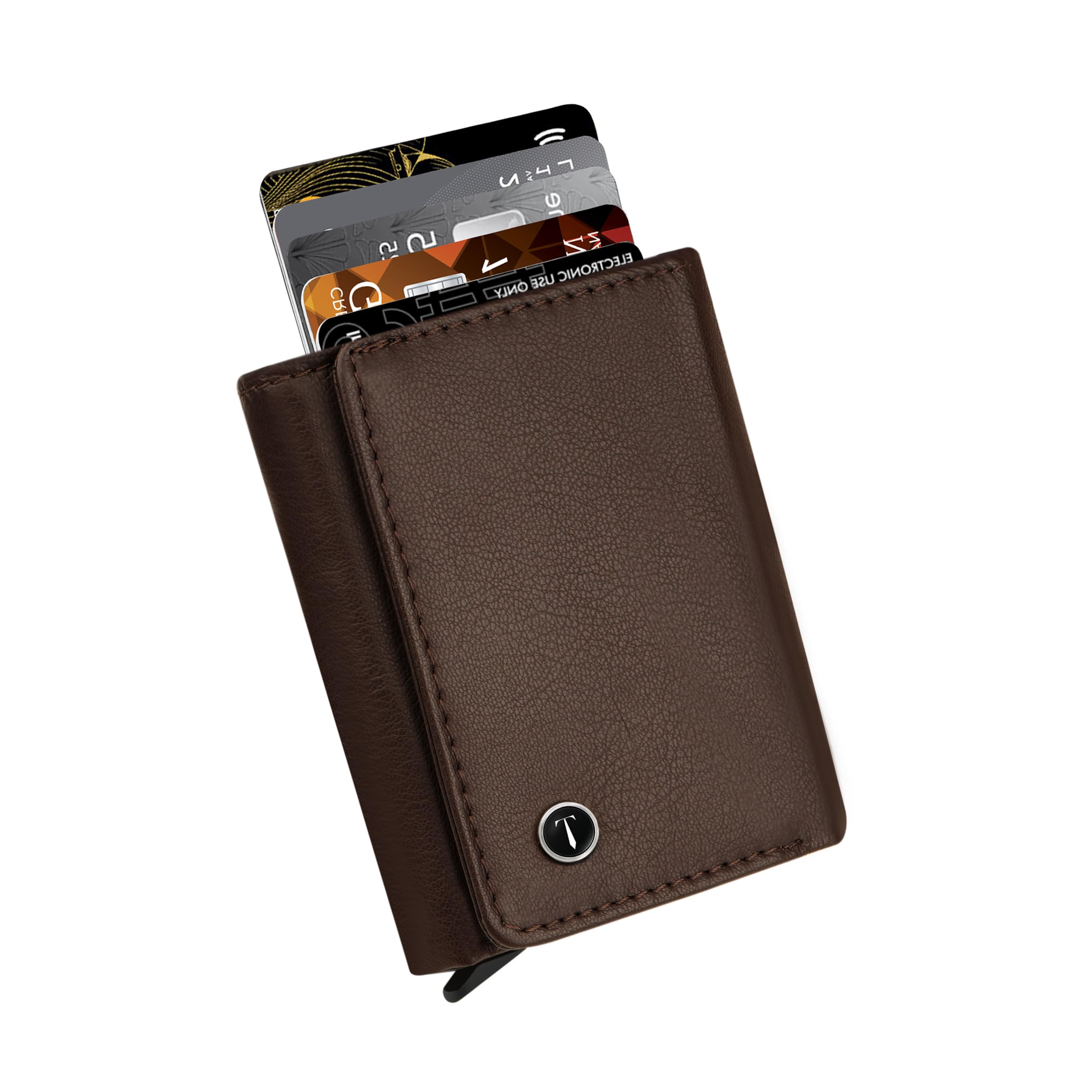 Classic Maverick Slim RFID Wallet for Men | Pop-Up Card Holder with RFID Blocking | Minimalist Leather Design with Cash Pocket & Metal Card Case | Compact Pocket Wallet (Brown)-image-15