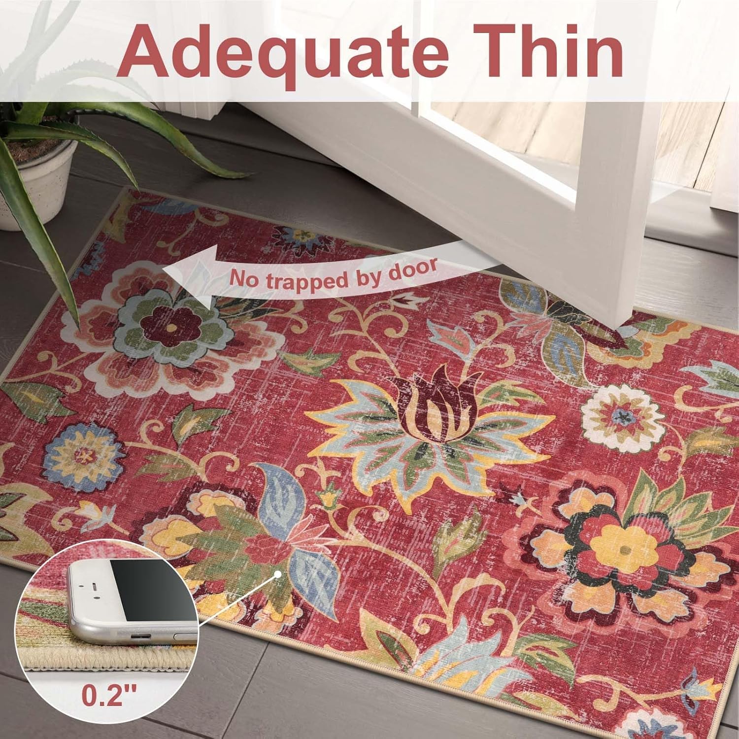 Beeiva Floral Washable Runners for Hallways Non Slip, 2x8 Red Long Hallway Runner Rugs with Rubber Backing, Ultra Thin Christmas Vintage Kitchen Rugs Non Skid for Entryway Bathoom (Red,2'x8')