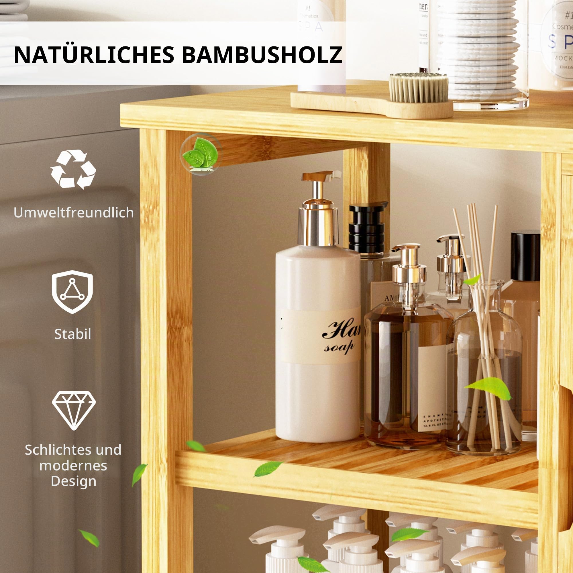 SogesPower Beistellschrank Badezimmerschrank mit Tür und Regalen, Freistehender Bambusschrank mit Lamellentür, 3-stufiger Aufbewahrungsschrank für Küche, Wohnzimmer und Badezimmer