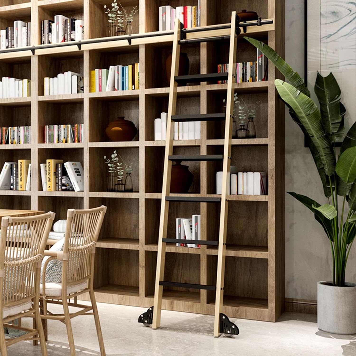 Top Rolling Sliding Barn Library Ladder Full Set Track Hardware,Rustic Black Round Tube Mobile Ladder Track Assemblies for Home/Loft/Study,with Floor Roller Wheels,One Color-300cm Track kit