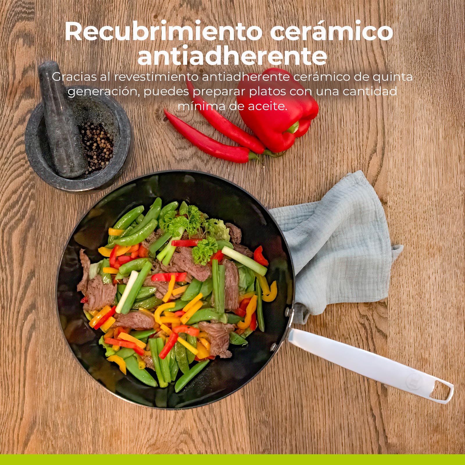 Be Living Sartén wok de acero inoxidable – Ø 28 cm – cerámica – inducción – sin PFAS, antiadherente – sartén con tapa – serie Essential