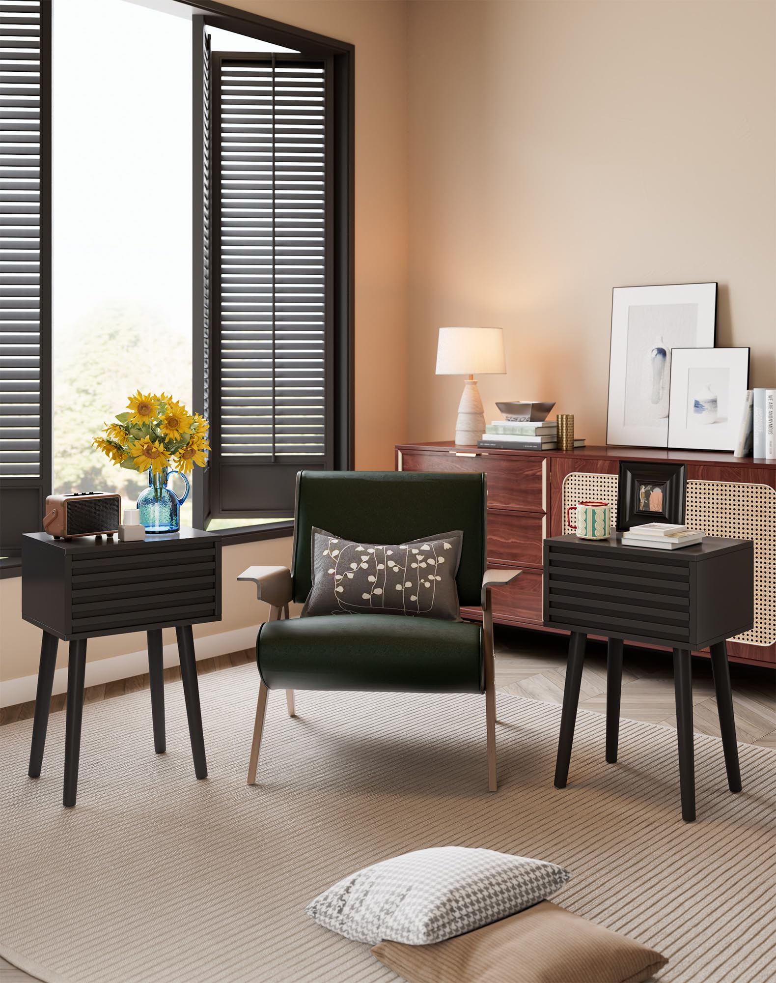 YMYNY Set di 2 Comodini, Tavolini da Salotto, Stile Mid-Century Moderno Canaliato, Cassetto a Apertura a Pressione, Gambe in legno massello, 35×27×53cm, per Camera da Letto, Soggiorno, Nero HST018B-2