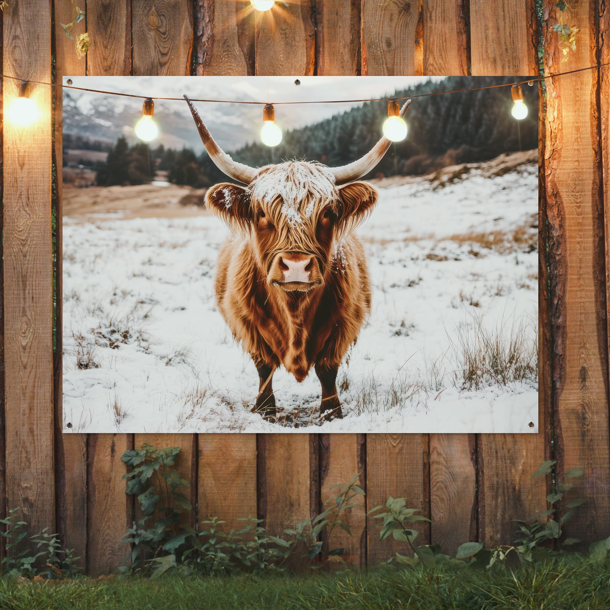 MuchoWow© Poster De Jardin Decoracion Balcón Wall Decoration Adornos Pared | 160x120 cm - Terraza Exterior Decoración Patio Posters Decorativos Highlander escocés - Paisaje - Nieve - Montañas