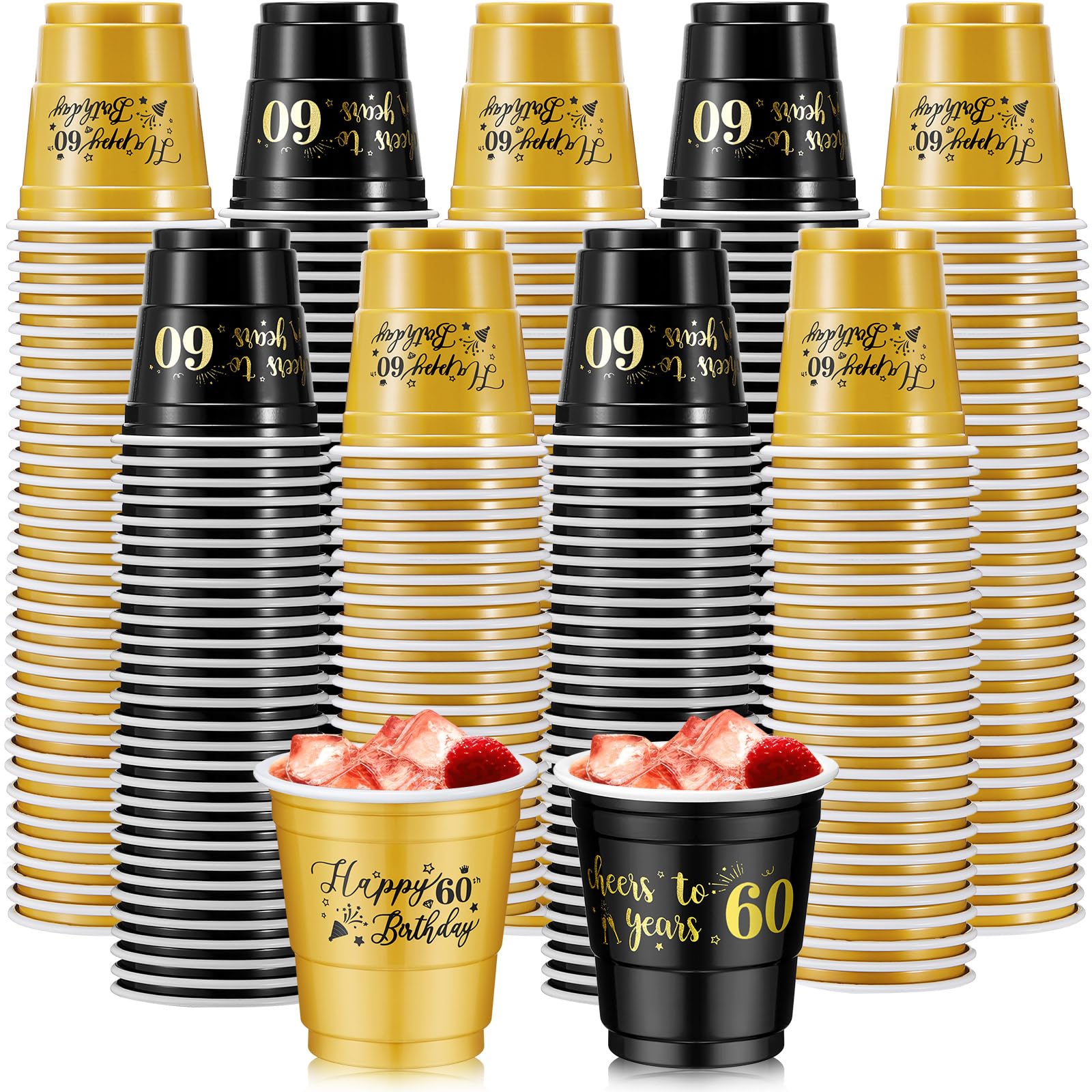 Ziliny 100 Pack 60th Birthday Shot Glasses, 2 oz Gold Black Plastic Cups