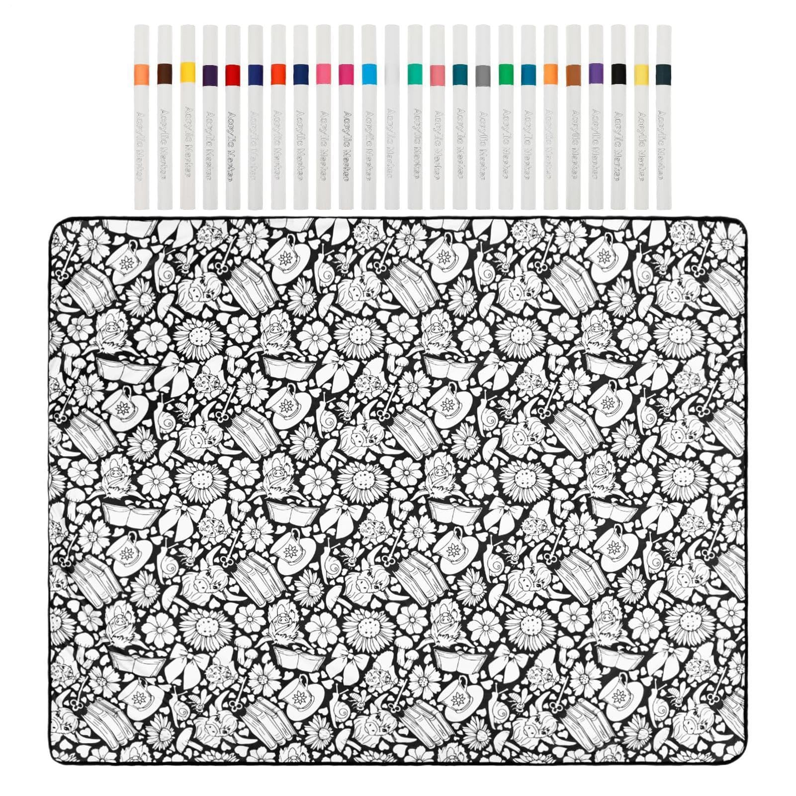 Couverture à colorier lavable 150x115 cm avec 24 feutres pour le canapé