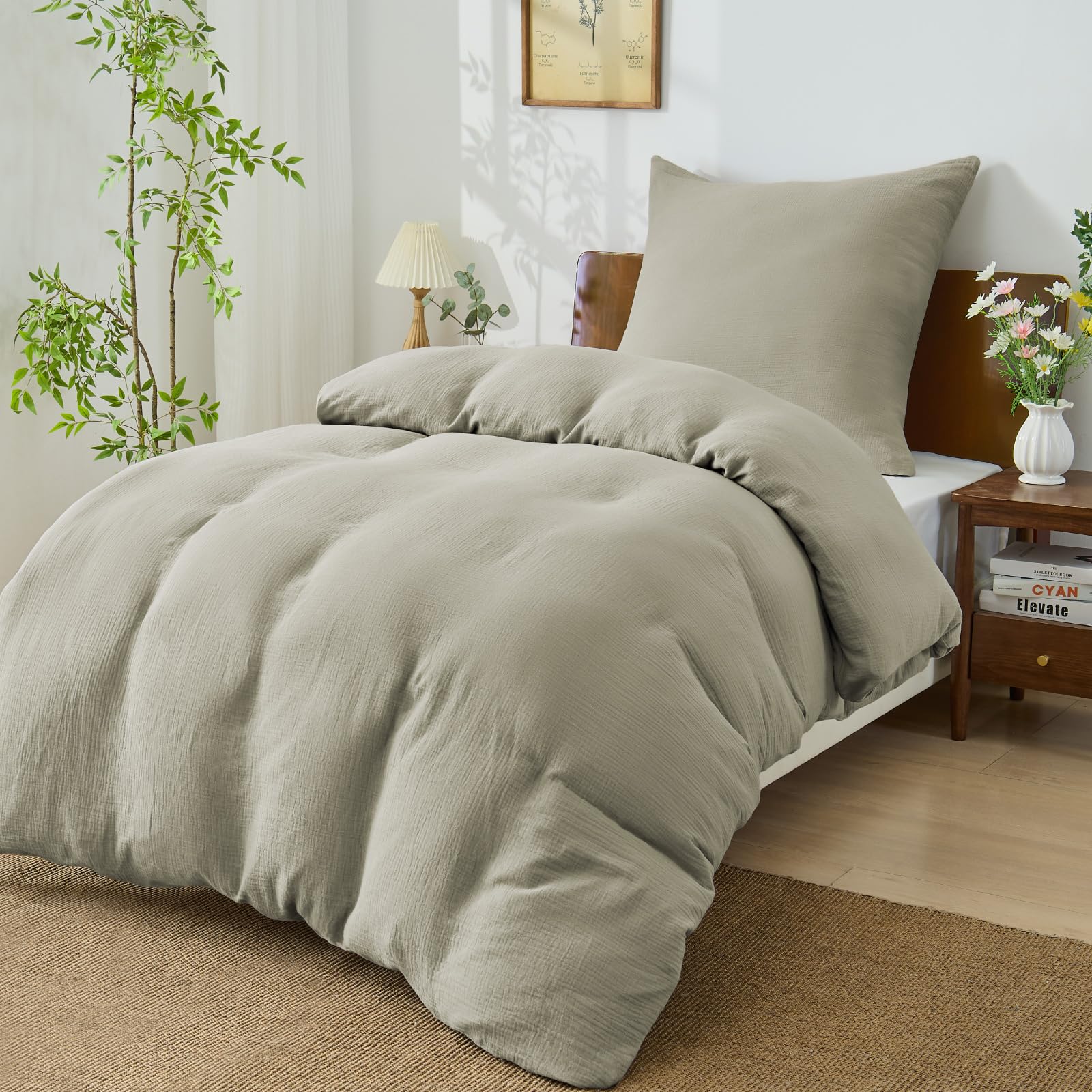 BEDELITE Musselin Bettwäsche 135x200 Baumwolle - ÖKO-TEX Bettwäsche-Sets Taupe 2teilig mit Reißverschluss, Bettbezug 135x200cm mit Kissenbezug 80x80 cm, weiche und atmungsaktiv