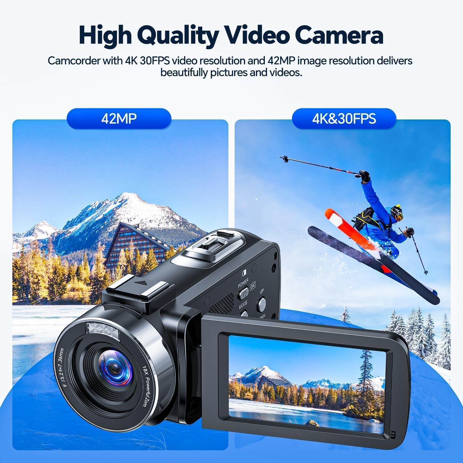 Videocamera 4K 42MP Camcorder per YouTube, 18X Zoom Digitale Videocamere, Schermo Rotante 270° 3" Vlog Camera con Scheda SD da 32 GB, Telecomando, 2 Batterie