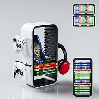 Tour de rangement universelle « Pro » - Jusqu'à 18 jeux - Avec support de manette pour 4 manettes de jeu - Accessoires de jeu pour PS5, PS4, PS3, Xbox X/S/One, Switch, Switch OLED, Blue Ray, DVD