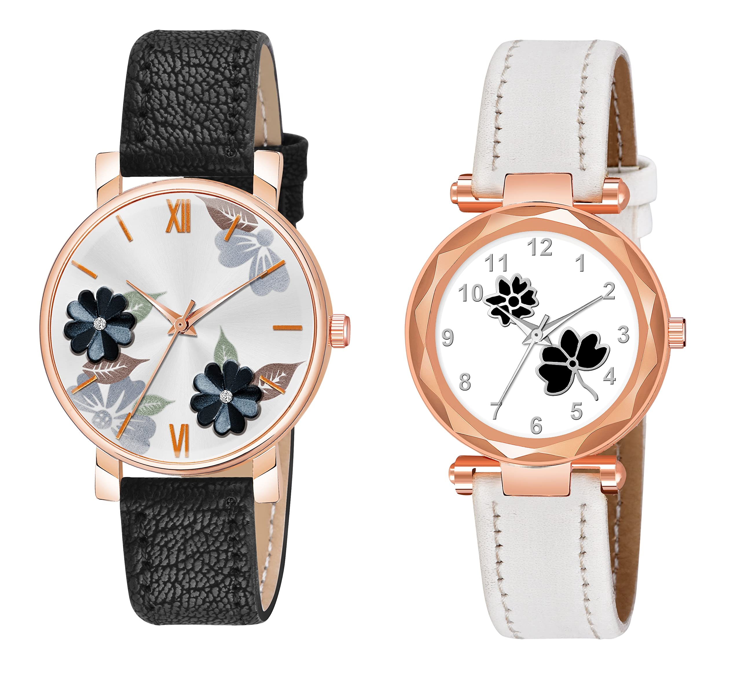 KIARVI GALLERY Analogue Pack of 2 Multicolored Flower Designer Leather Strap Womens and Girls Watch (Black-White) (B0B986YJT7) Amazon Price History, Amazon Price Tracker