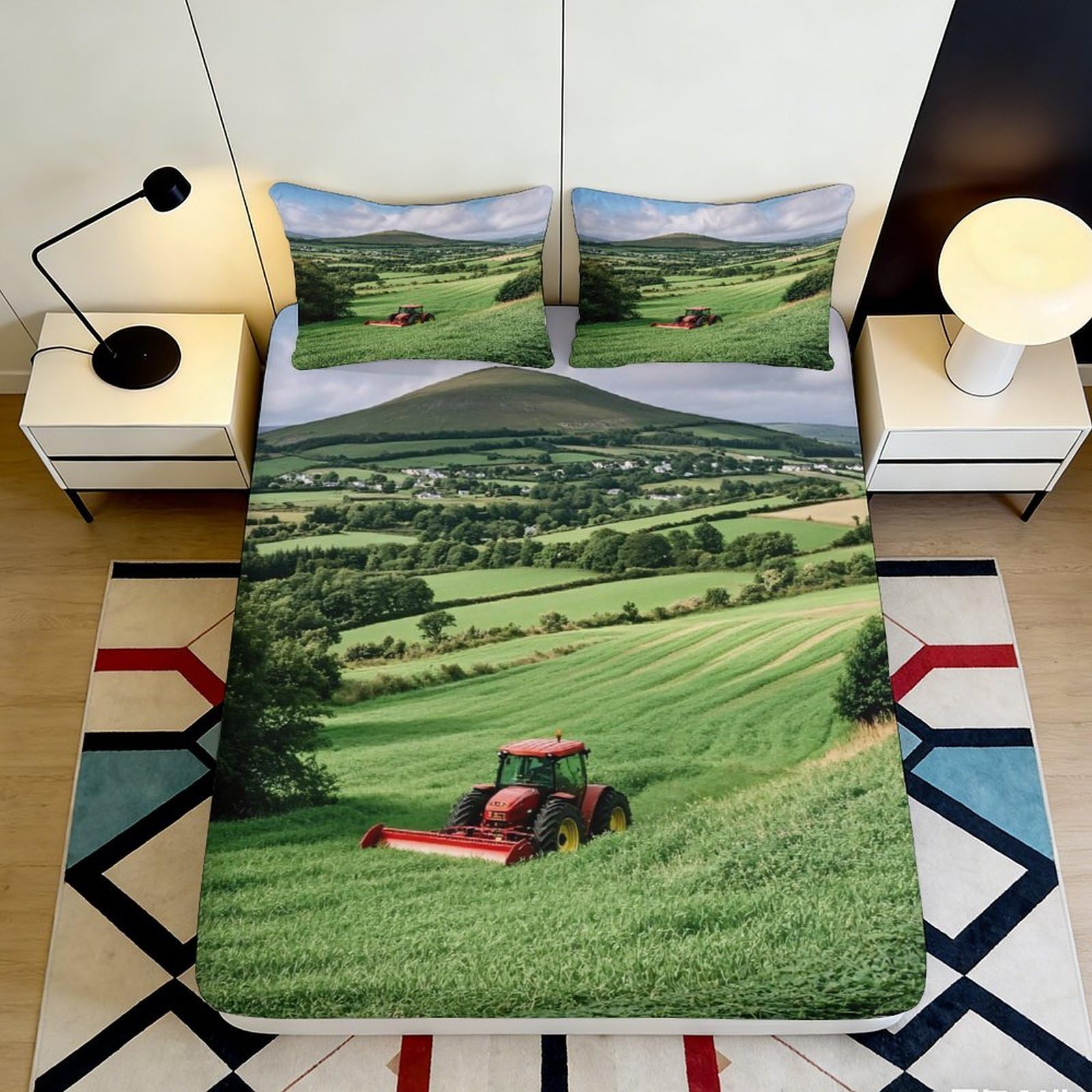 3D Printed Green Pastoral Tractor Fitted Sheet Microfiber Soft Scenic Landscape Bed Cover for Bedroom Guest Room 90x200x25cm