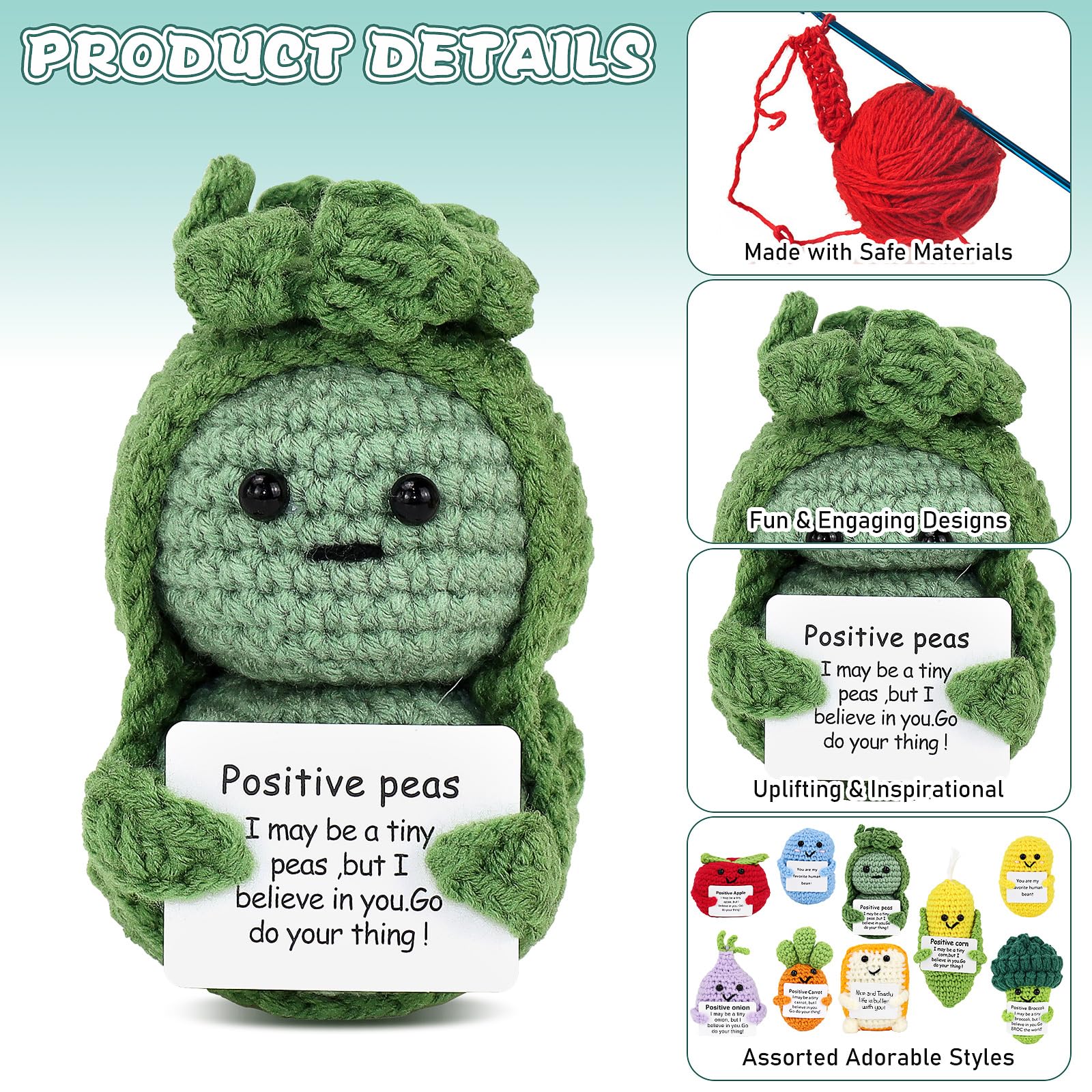 18 Pcs Positive Fruit Sunflower Emotional Crochet Dolls Bulk Support Encouragement Emotional Knitted Crochet Gifts with Positive Words for Friends Coworker Decorations Home Office (Vegetable) - Image 3