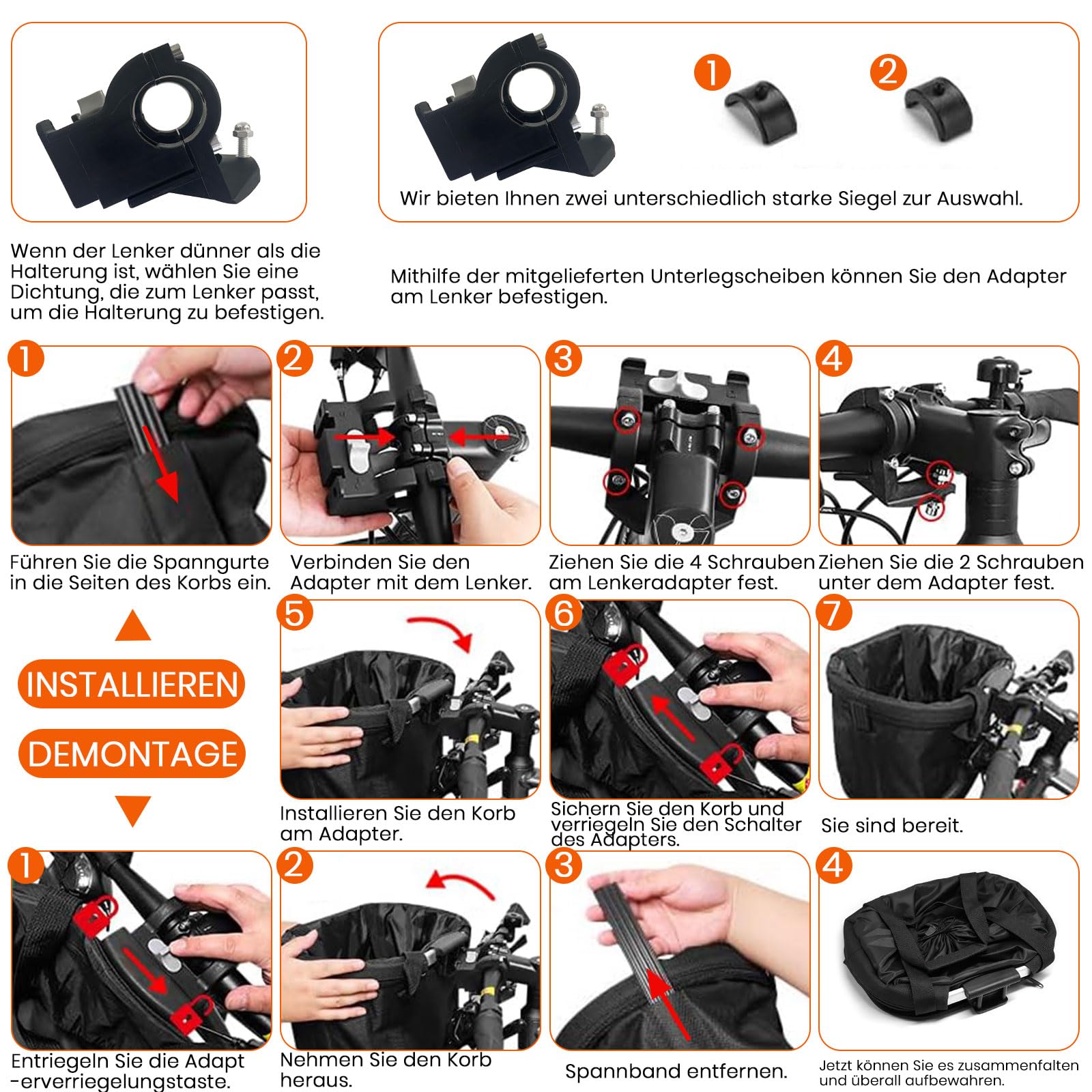 Faltbarer Fahrradkorb, Fahrradkorb Vorne für Hund, Easy Install Abnehmbare FahrradkorbTasche, mit Lenkeradapter für Kleiner Hunde, Einkaufen, Picknick (Schwarz)
