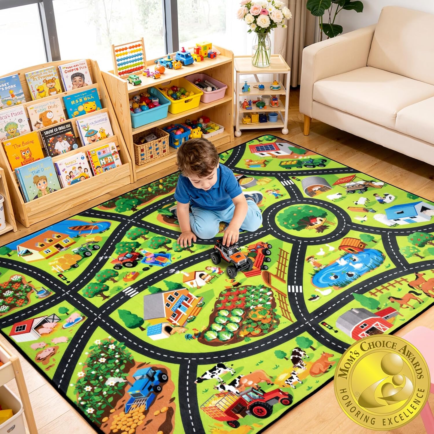 Kids Road Rug 5x7 Ft,0.4 Inch Thick Soft Car Track Rug with Non-Slip Backing,Fun Farm Car Rugs for Kids' Toy Cars,Toddler Car Play Mat,Kids Carpet for Bedroom Playroom Nursery