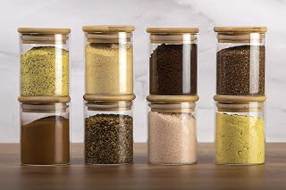 Zanetti - Juego de 8 Recipientes Herméticos de Cristal con Tapa de Madera de Bambú para Almacenamiento de Condimentos y Especies