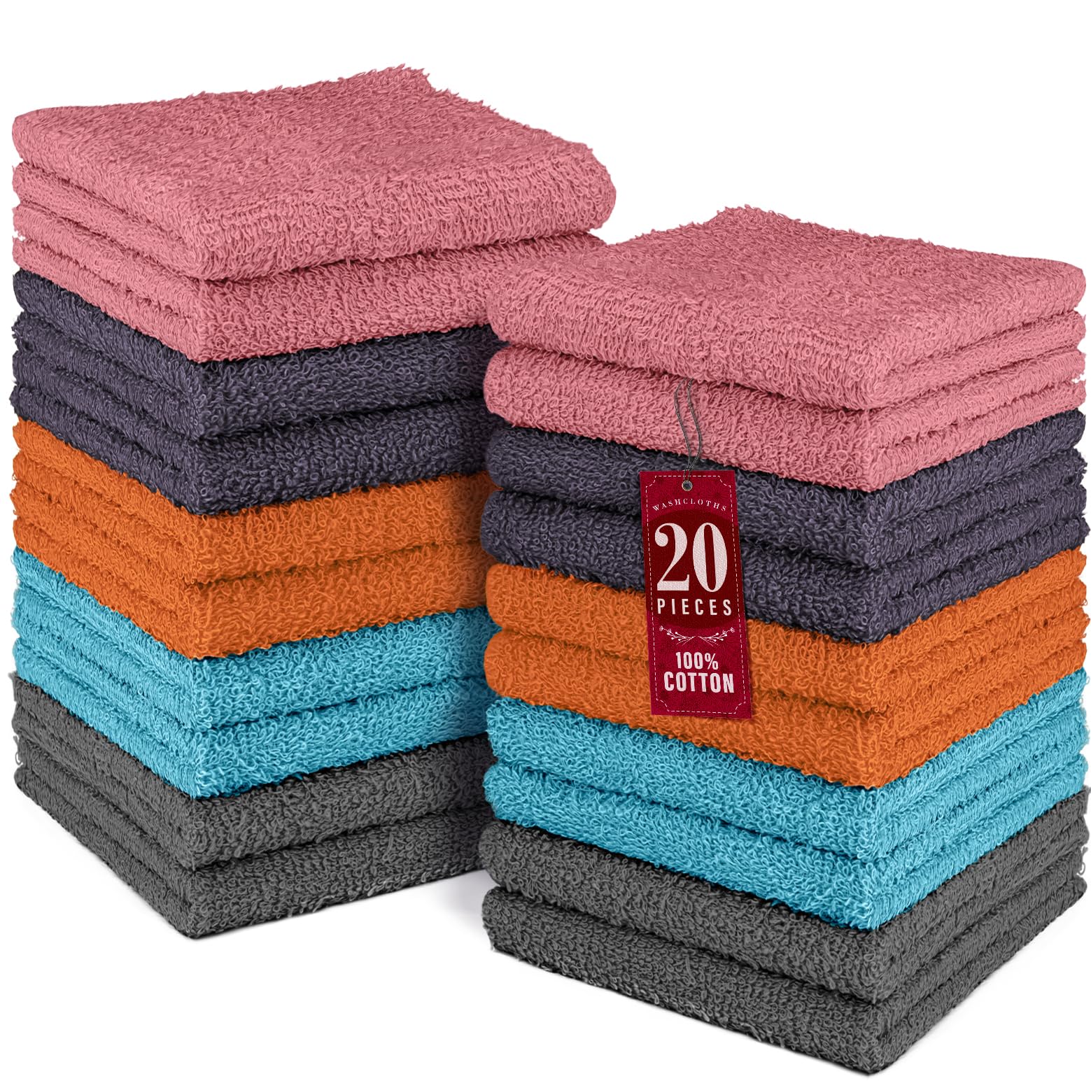 DecorRack 100% Cotton Washcloths 12x12 in, Assorted Set 4 (20 Pack)