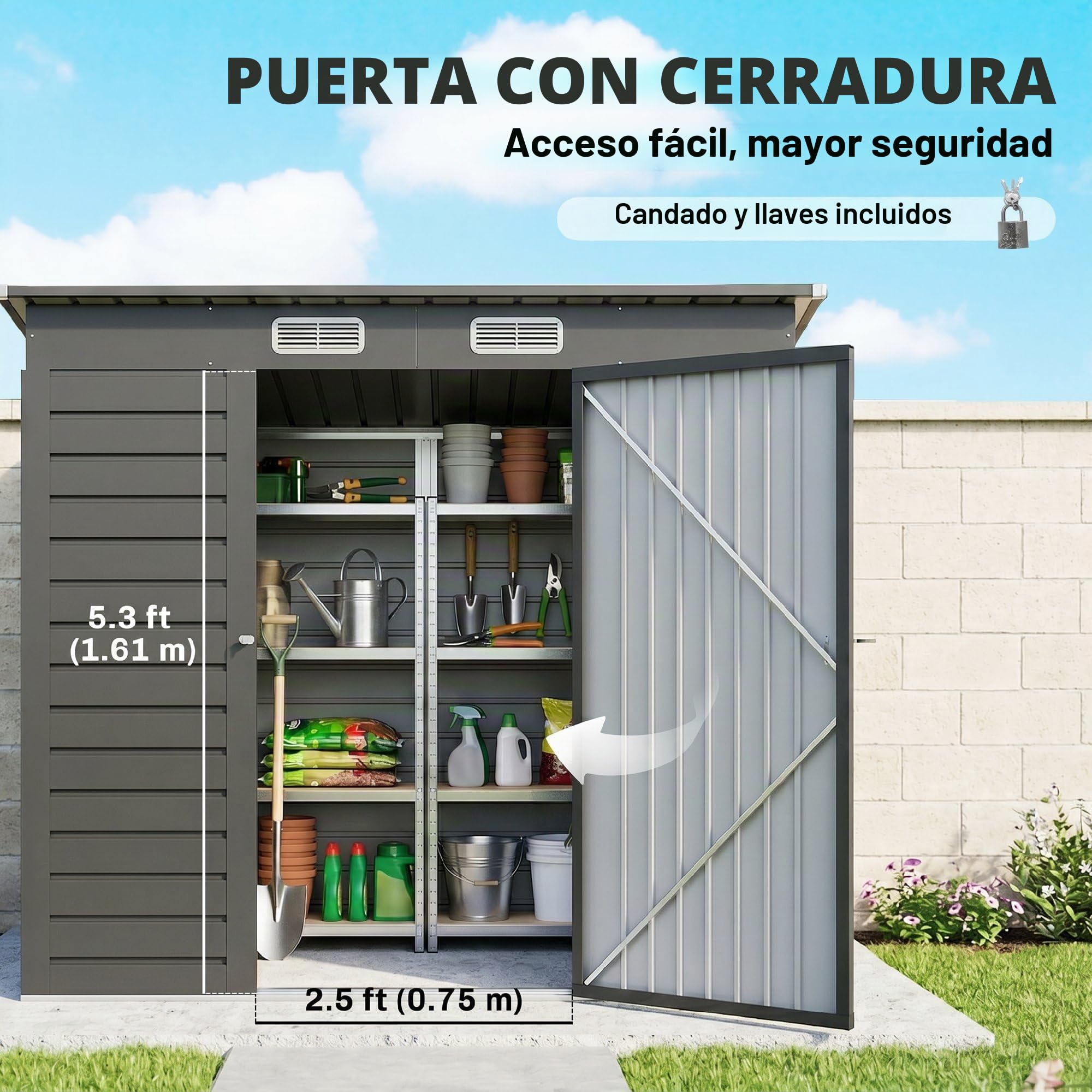Outsunny Caseta de jardín de Metal 2,3 m² caseta de jardín 191 x 130 x 166,5 caseta de Herramientas con Guantes, Puerta con Cerradura y 2 Rejillas de ventilación - Gris