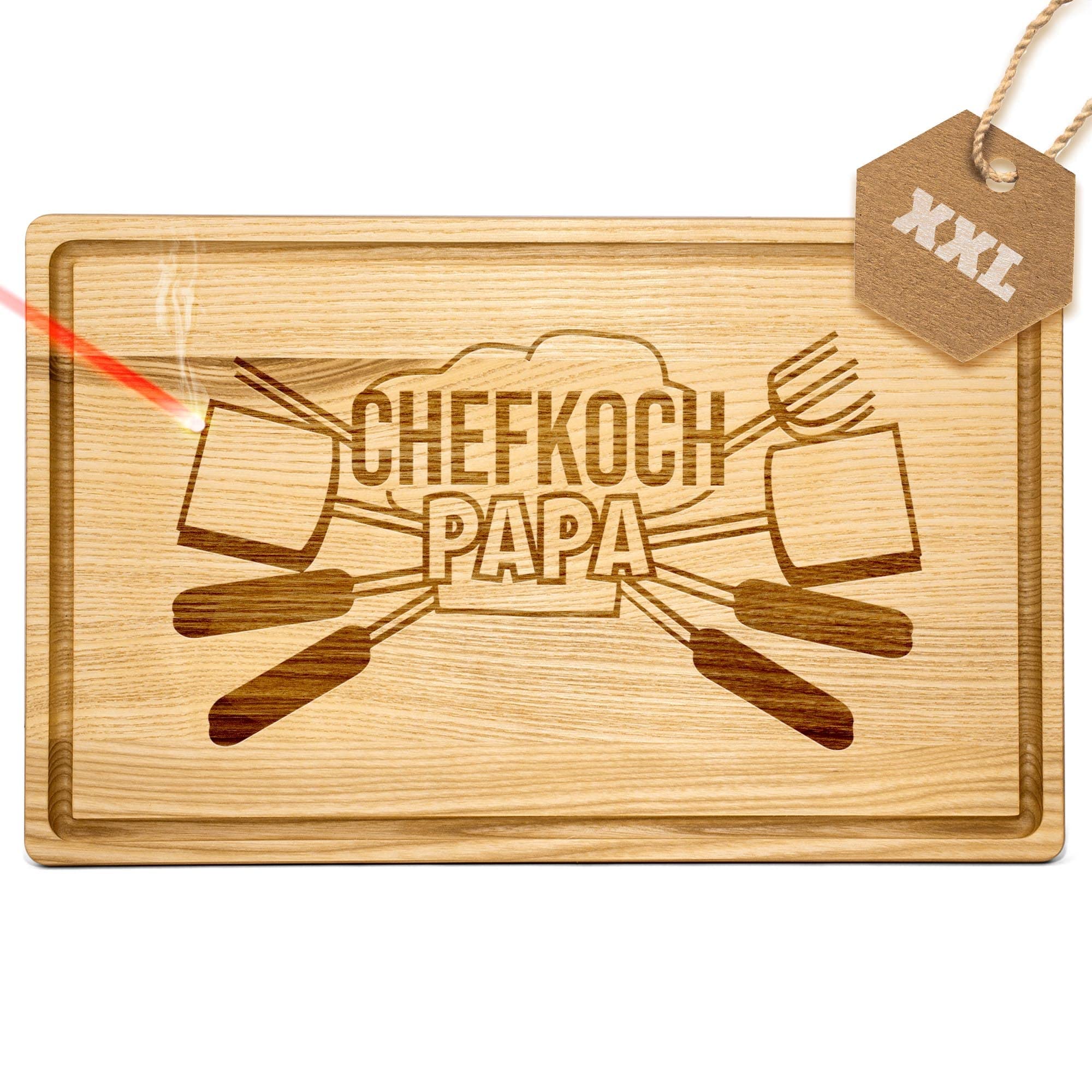 Großes Holzbrett mit Gravur - Chefkoch Papa - Schneidebrett gravieren| Eschenholz, 40 x 25 x 2 cm, Geschenk mit Gravur, Geschenk für Papa