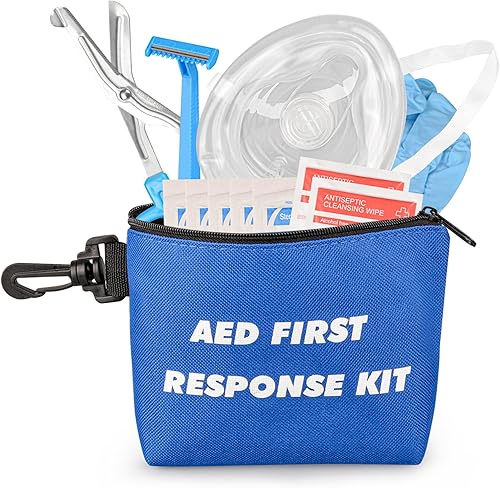 Miniatura 2 de Kit de primeros auxilios AED con máscara de rescate de RCP, maquinilla de afeitar desechable, tijeras de trauma EMT, guantes, almohadillas de gasa,
