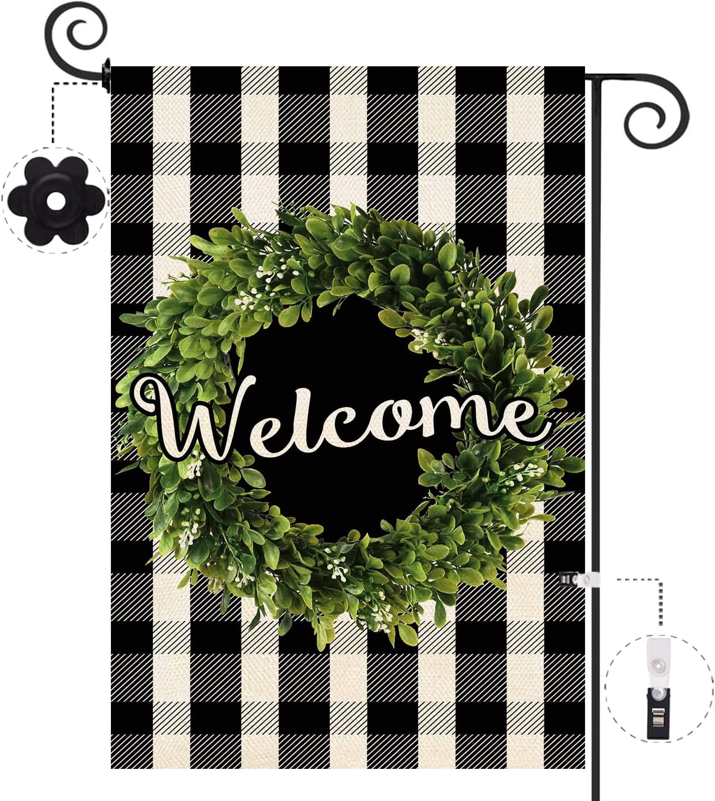 Baccessor Boxwood Wreath Welcome Garden Flag Double Sided, Buffalo Plaid Check Spring Yard Flag Burlap, Small Farmhouse Rustic Flags for Outdoor Outside Decor 12.5 X 18 Inch