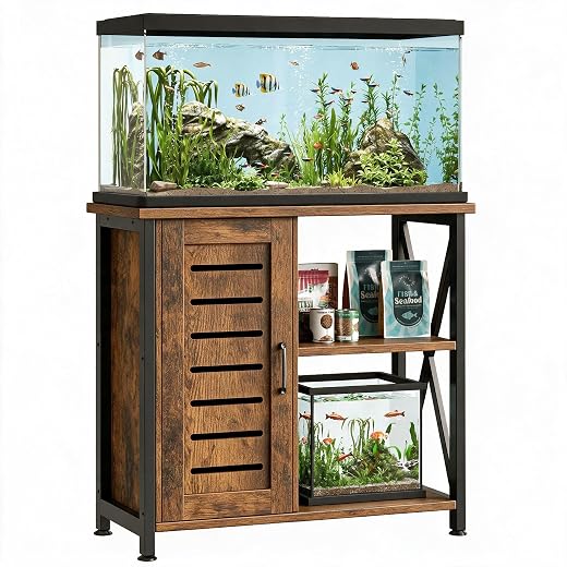 Herture 20-29 Gallon Fish Tank Stand, Aquarium Stand with Cabinet Accessories Storage, Heavy Duty Metal Frame, 31.49" L*15.74" W Tabletop, 330LBS Capacity, Rustic Brown PG07YGN