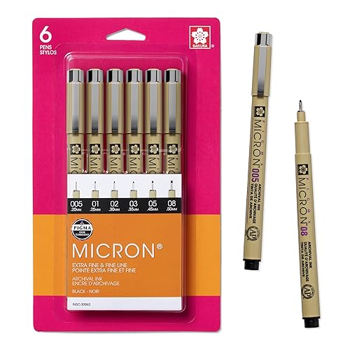 SAKURA Pigma Micron Fineliner Pens - Archival Black Ink Pens - Pens for Writing, Drawing, or Bullet Journaling - Assorted Point Sizes - 6 Pack - Black - 6 Count (Pack of 1) - Ink Pen Set