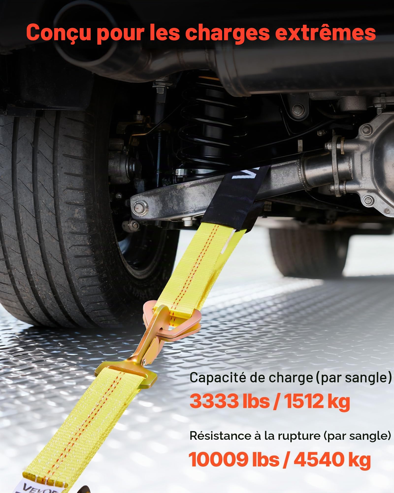 VEVOR Kit d’Arrimage de Roues, Sangles à Cliquet de Type Essieu, Capacité de Charge de 1512 kg, Résistance à la Rupture de 4540 kg, Sangle d’Arrimage pour VTT UTV Camion SUV Remorque Pick-up, Jaune