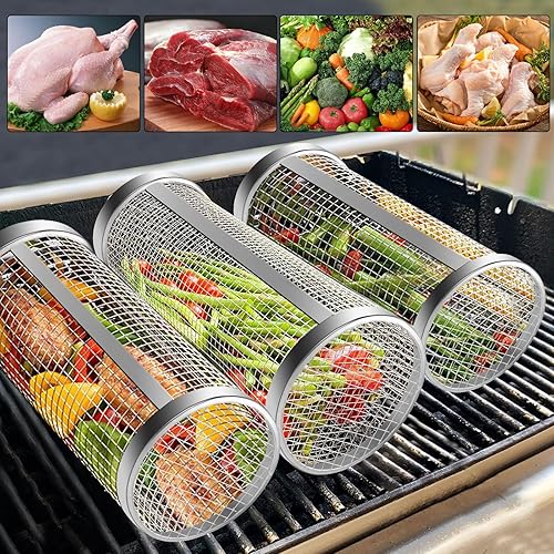 Miniatura 5 de Cesta para parrilla, 2 unidades, cesta para parrilla de barbacoa, cesta rodante, accesorios de parrilla para parrilla al aire libre, cestas de