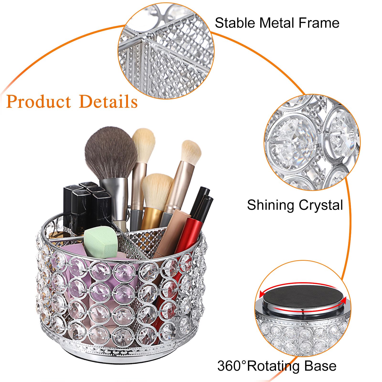 Hipiwe Make-up-Pinselhalter mit 4 Schlitzen, 360 Grad drehbar, für Kosmetikpinsel, Fernbedienung, multifunktionaler Schreibtisch-Organizer für Augenbrauen, Stift, Silber