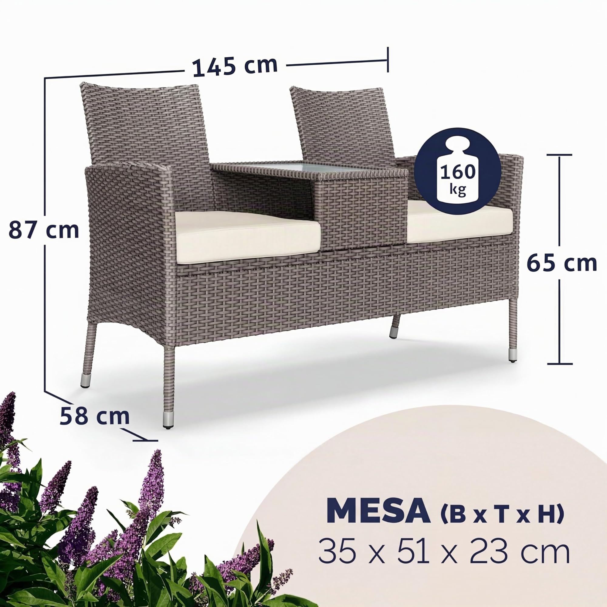 CASARIA® Banco Terraza Exterior 2 Asientos Poliratán hasta 320Kg Mesa Cristal con Cojines Estante Resistente Intemperie 145x58cm Crema