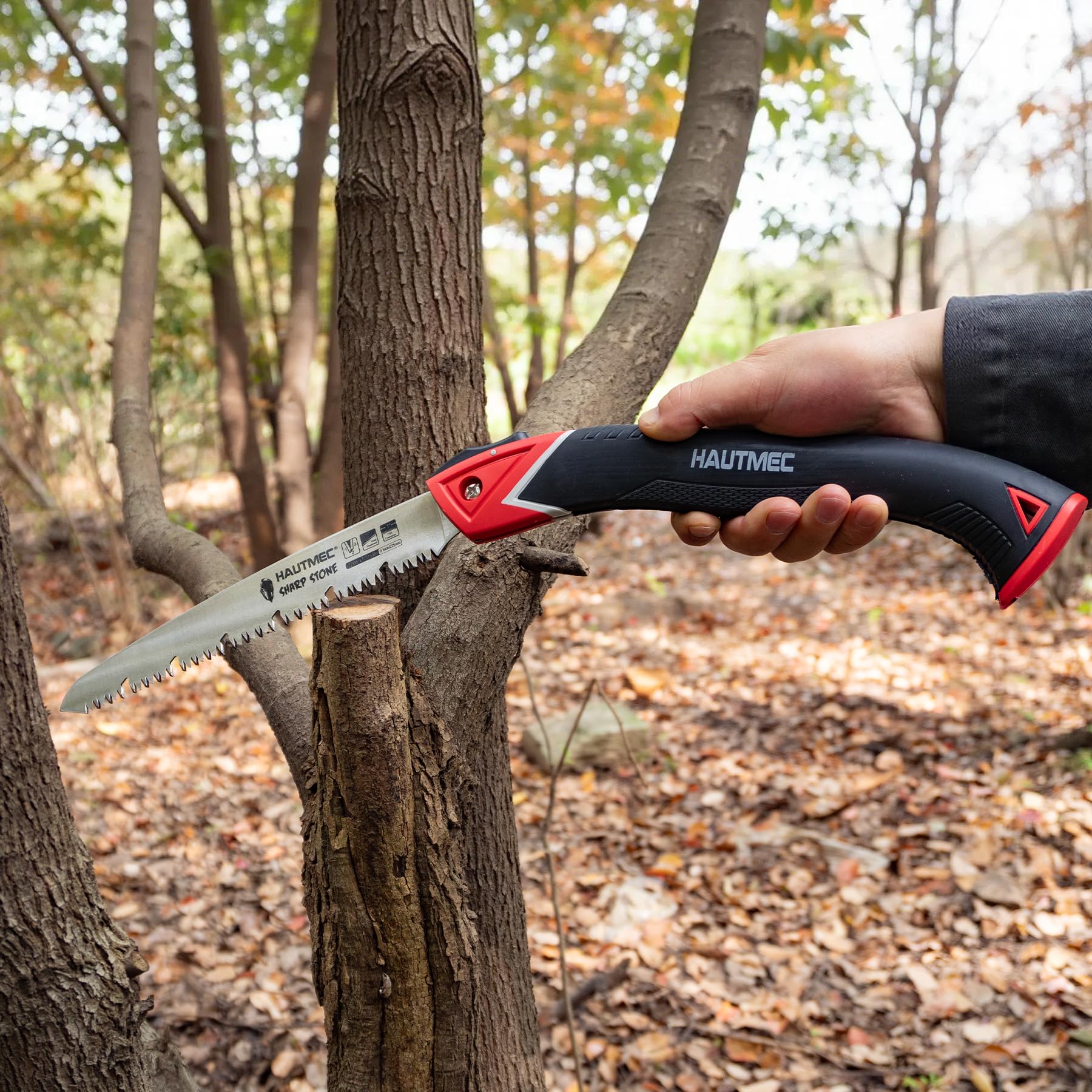 HAUTMEC Sierra de podar de 230 mm, sierras de mano plegables para cortar madera, árboles, sierra de jardín con goletas profundas, hoja SK5 y mango de goma antideslizante para ramas, camping y