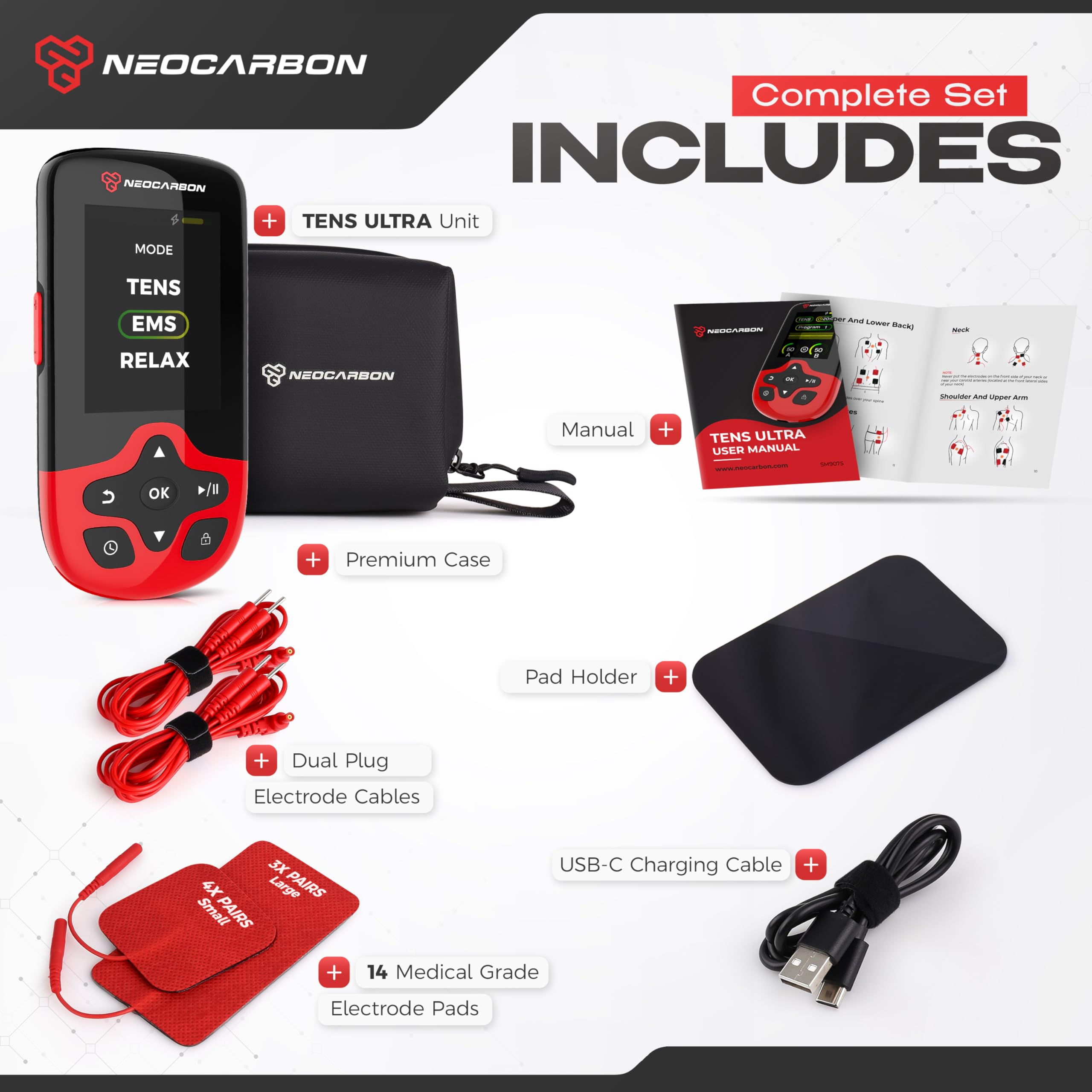 NEOCARBON TENS Unit Muscle Stimulator Ultra for Pain Relief, Red — Amazon image 5