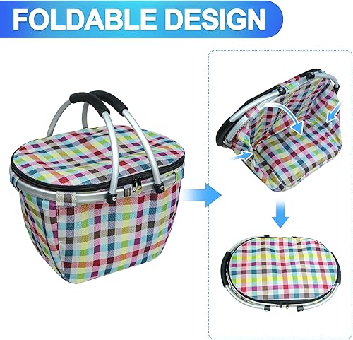 Miniatura 5 de LIQING - Cesta de picnic 25L, aislada, a prueba de fugas, con dos asas, plegable y fácil de llevar, con 4barras de soporte integradas, para compras,