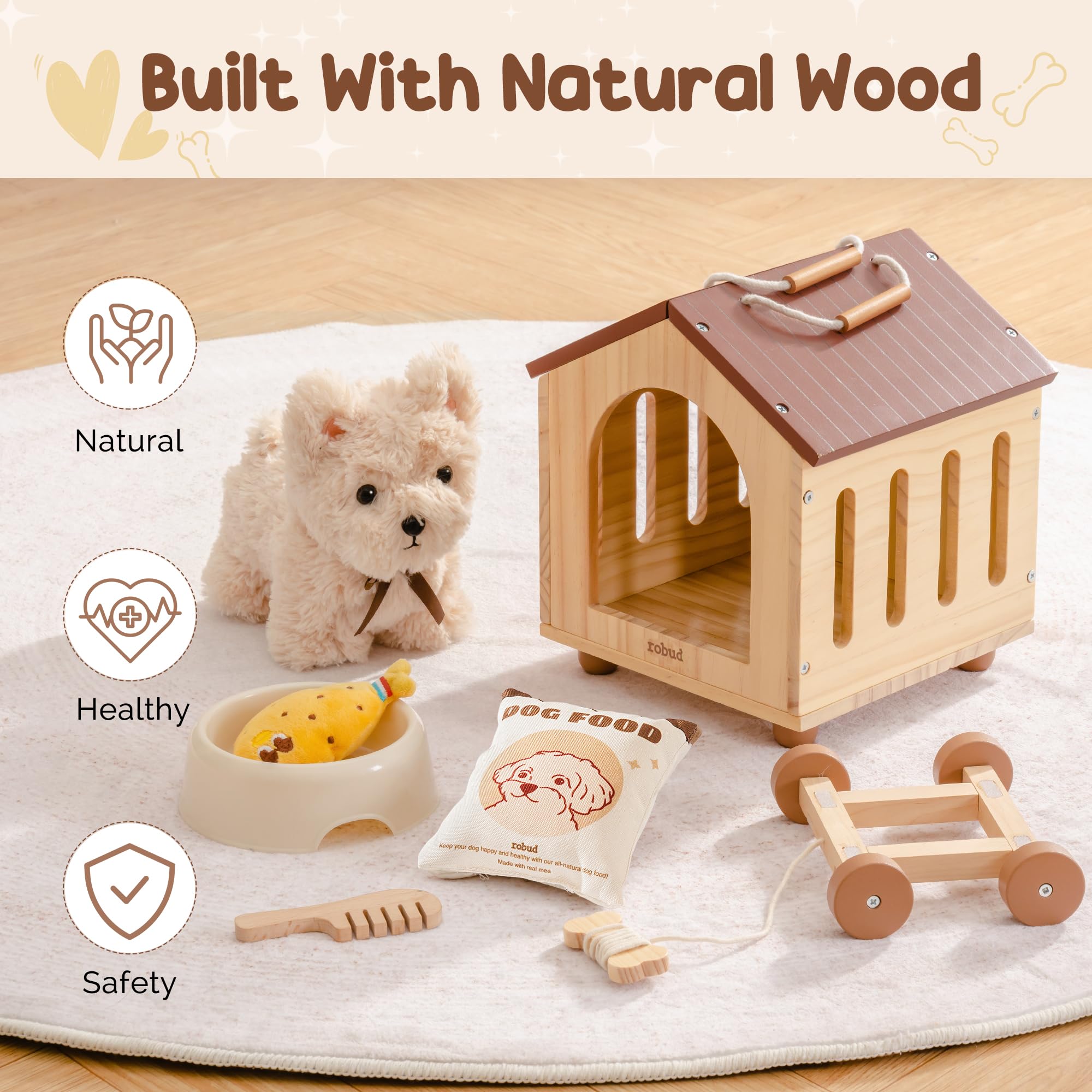 ROBUD Hund Spielzeug Kinder, 2-in-1 Nachziehtiere Spielzeug & Tierpflege Rollenspielset mit Holz Hundehütte & Abnehmbaren Rädern, Zubehör, Holzspielzeug Geschenk für Jungen Mädchen ab 2 3 Jahren