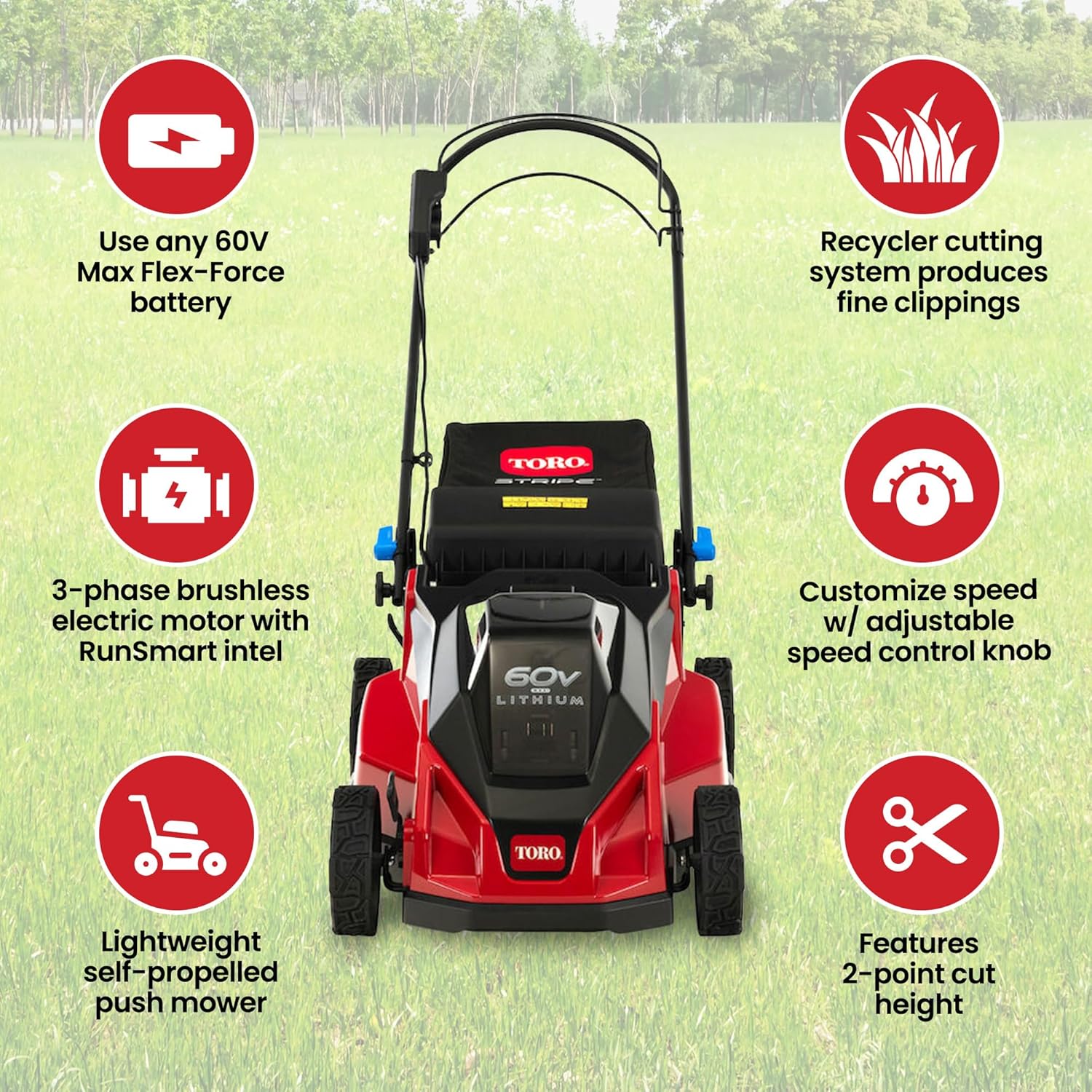 Toro Lightweight Foldable 60-Volt 21-Inch Deck Stripe Cordless Electric Battery Self Propelled Walk Behind Lawn Mower w/Adjustable Speed & Cut Height