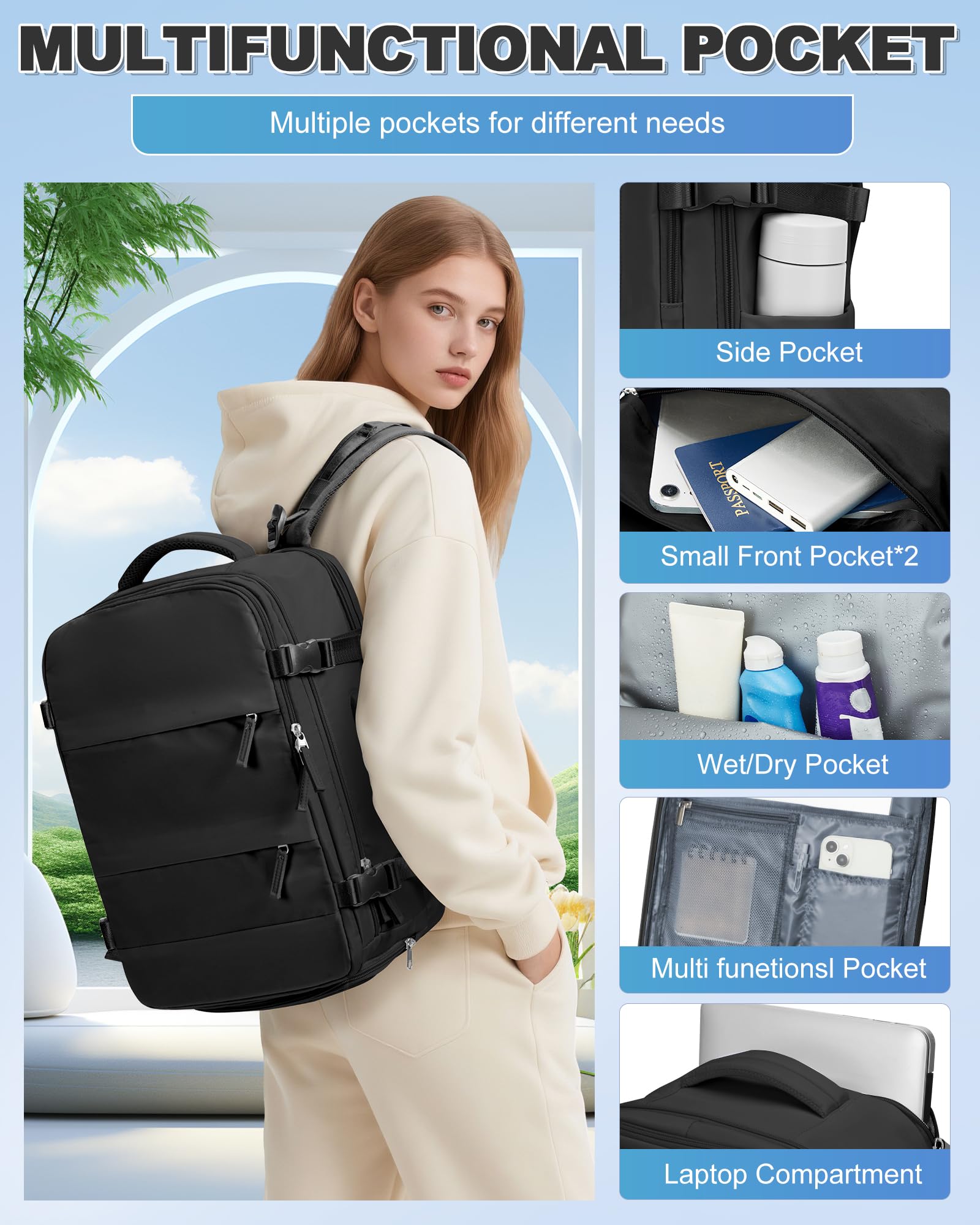 BJLFS Zaino Ryanair 40x30x20 Sottovuoto con pompa Zaino da Viaggio aereo Cabina 40x30x20 Impermeabile Bagaglio a Mano Wizzair Sottovuoto Borse da Cabina per Easyjet 45x36x20 Zaino Airback Donna