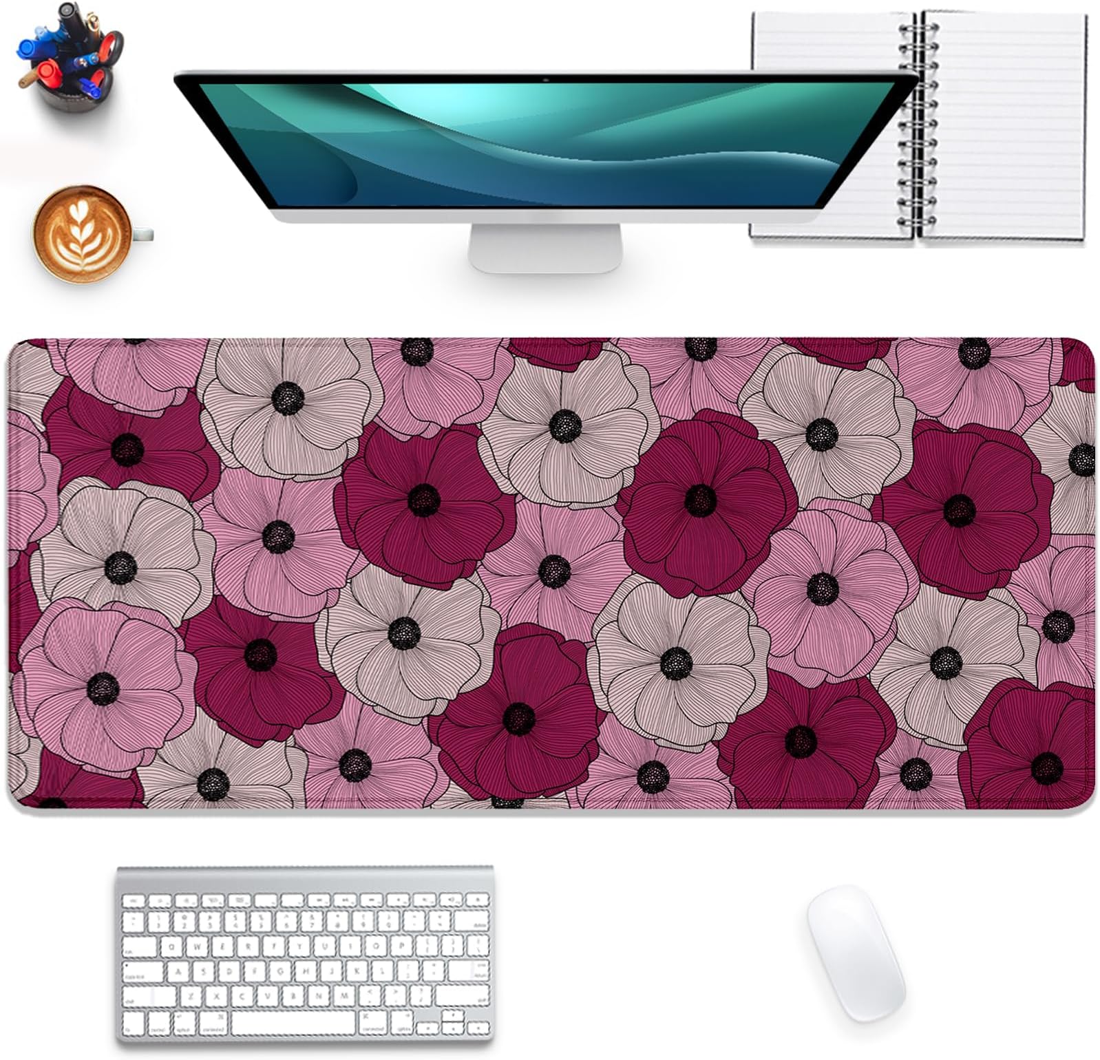 Abstract Floral Mouse Pad Desk Pad,Boho Art Flowers Extended Gaming Mouse Mat with Stitched Edges Non-Slip Waterproof Rubber Base Mous Mat for Office Home Game Desk Pad(27.5X11.8 in)