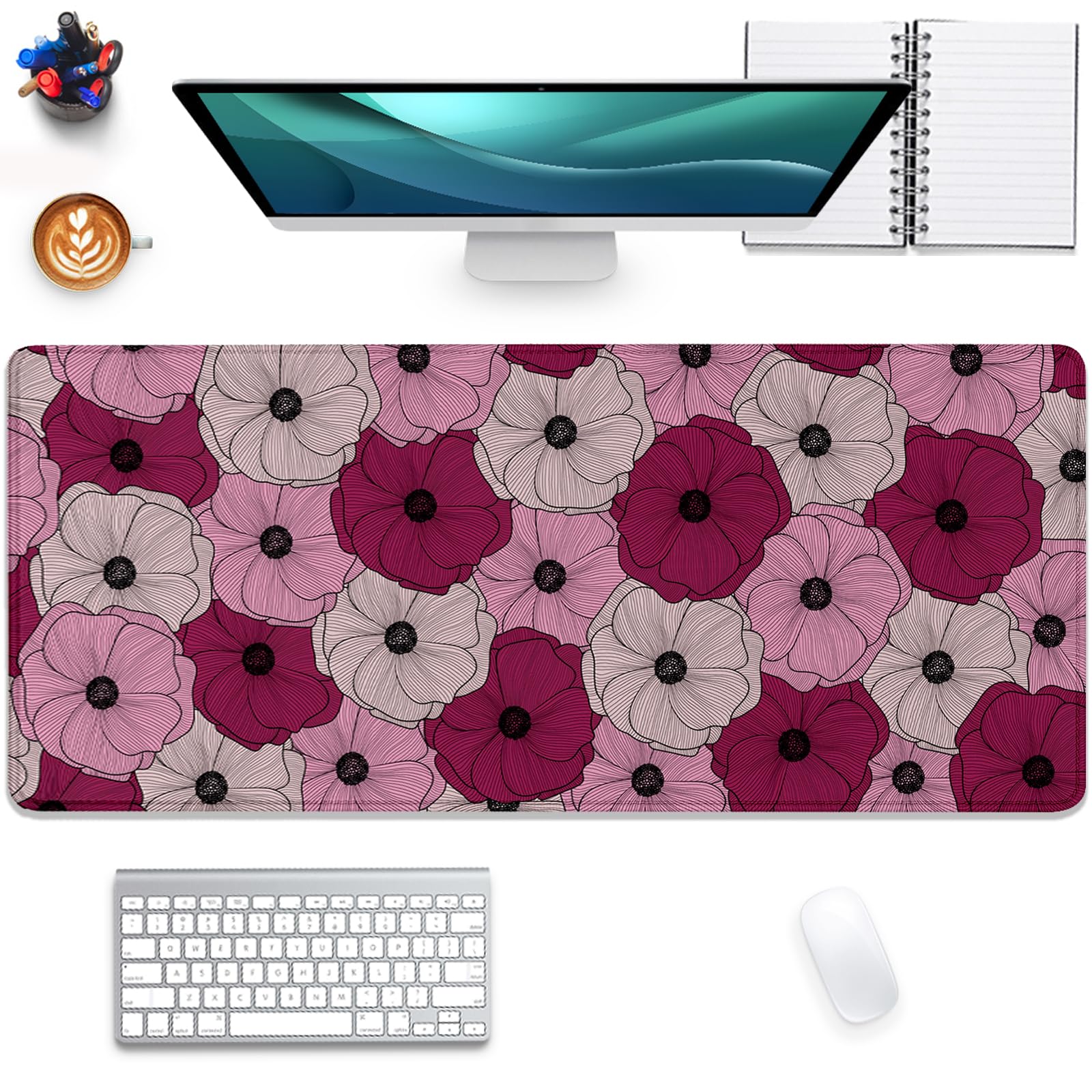 Abstract Floral Mouse Pad Desk Pad,Boho Art Flowers Extended Gaming Mouse Mat with Stitched Edges Non-Slip Waterproof Rubber Base Mous Mat for Office Home Game Desk Pad(27.5X11.8 in)