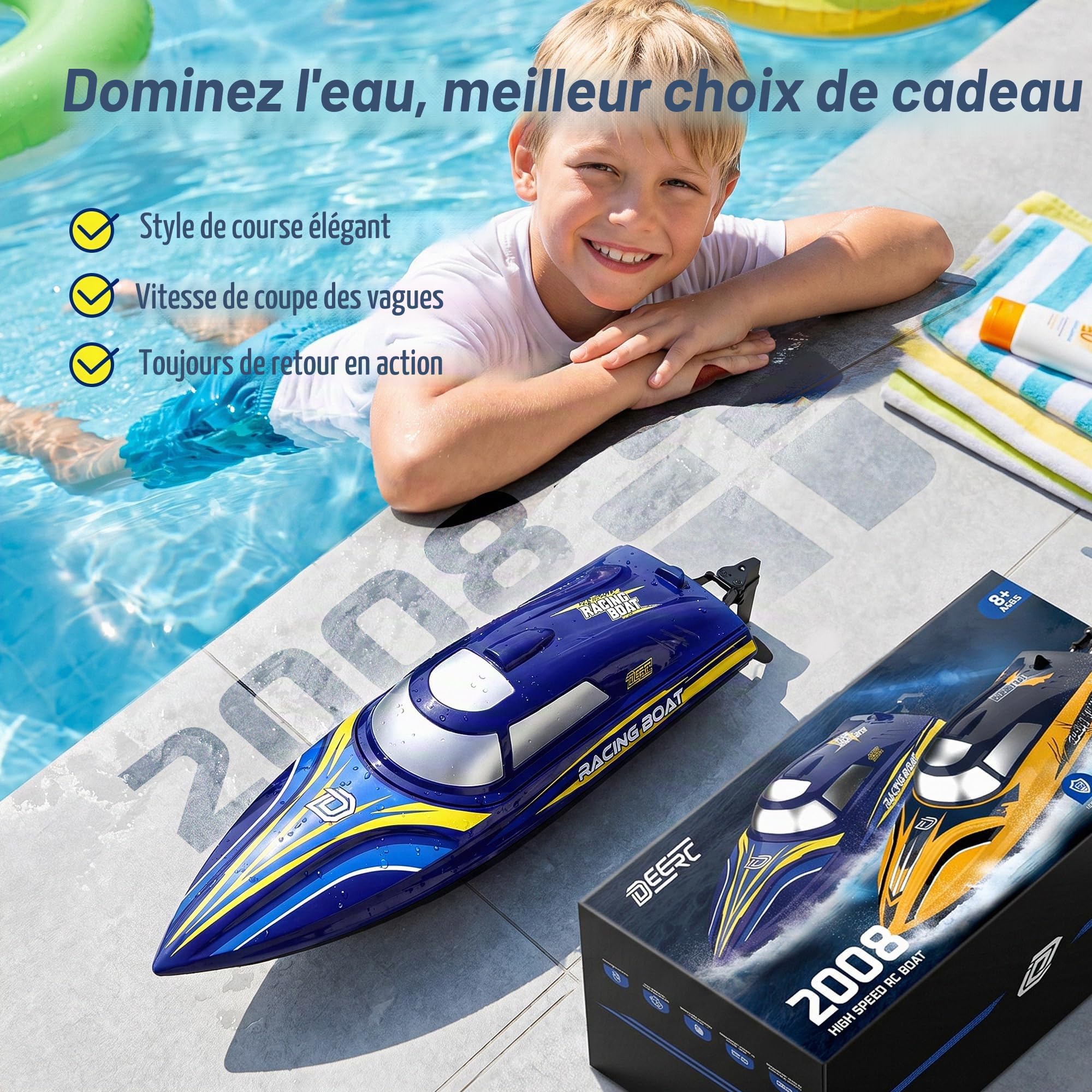DEERC Bateau Télécommandé Rapide pour Enfants et Adultes, Vitesse supérieure à 20+ mph, avec 2 Batteries de 1200 mAh, Bateau étanche Auto-redressable pour Lacs et piscines.