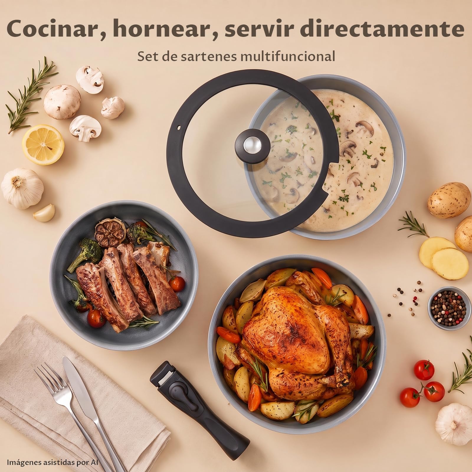 BEZIA Juego de Ollas y Sartenes de Cerámica 17 Pcs con Mango Extraíble | Sartenes antiadherentes sin PFOA/PTFE, aptas para todo tipo de cocinas, ideales para camping y espacios pequeños