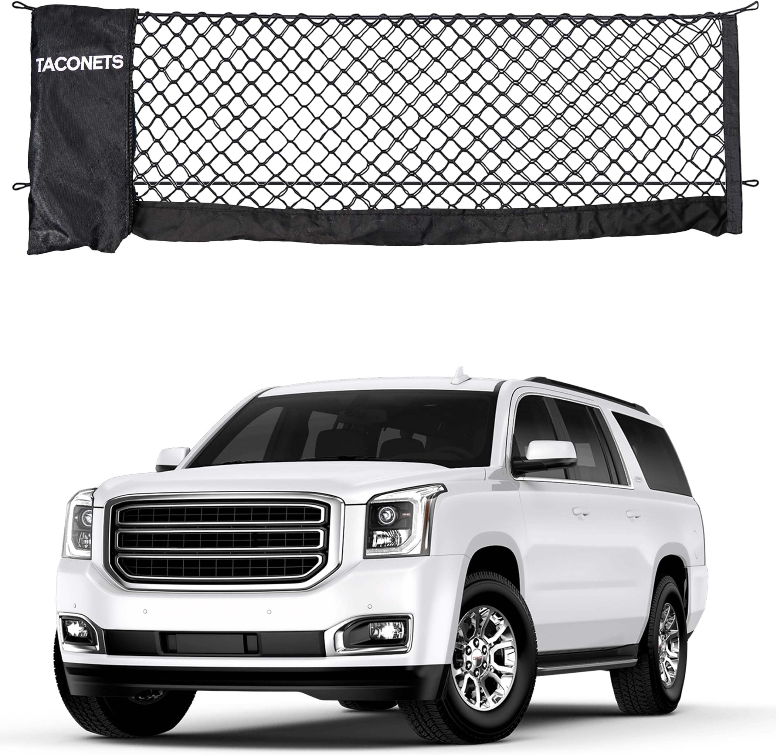 TacoNets Envelope Cargo Net for Suburban | Tahoe | Yukon/XL | Escalade/ESV - Fits 2015-2025 - Upgraded 5mm Bungee - Integrated Storage Bag - Heavy Duty Hooks - Designed in USA